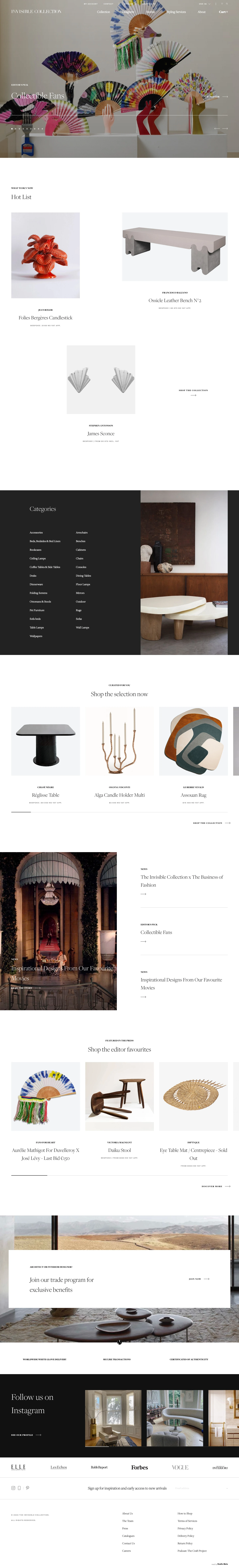 The Invisible Collection Landing Page Example: The Invisible Collection is the first online platform to sell a curated selection of outstanding pieces by the world’s best interior designers. All handmade by the most talented craftsmen.