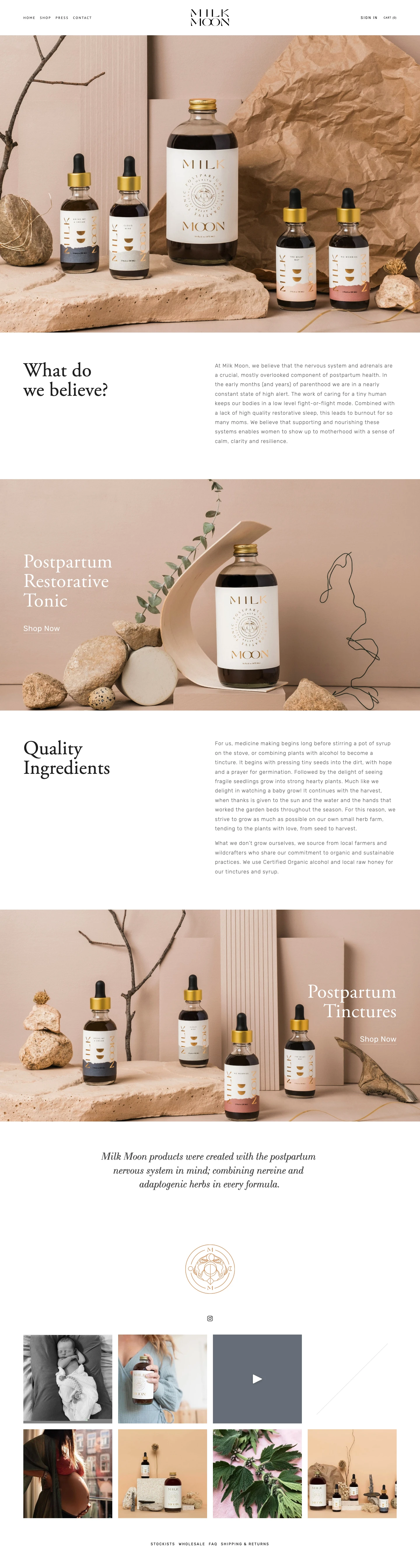 Milk Moon Landing Page Example: Herbs for postpartum wellness. Milk Moon products were created with the postpartum nervous system in mind; combining nervine and adaptogenic herbs in every formula.