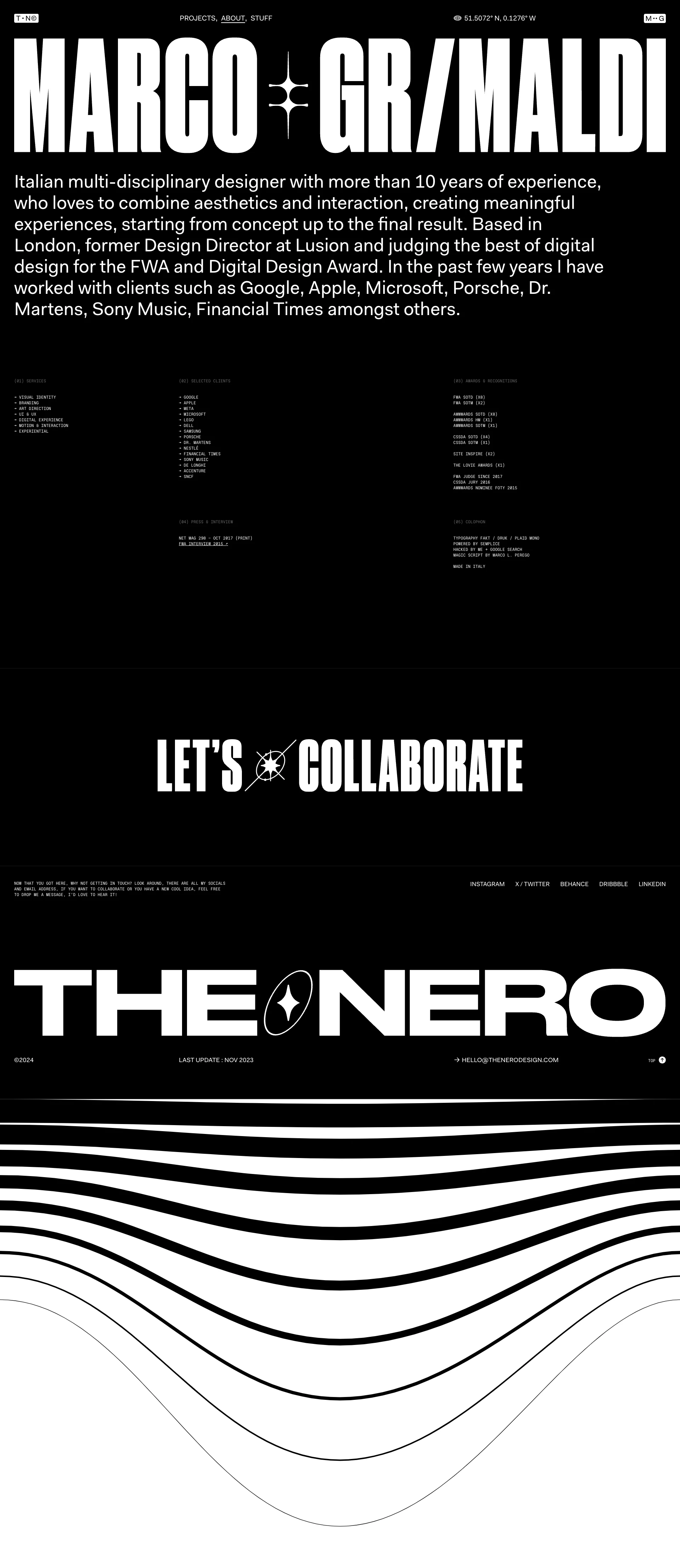 Marco Grimaldi Landing Page Example: Marco Grimaldi is a multi-disciplinary designer and director with a background in traditional graphic design and development. His work primarily focuses on digital design, immersive experience and identity design.