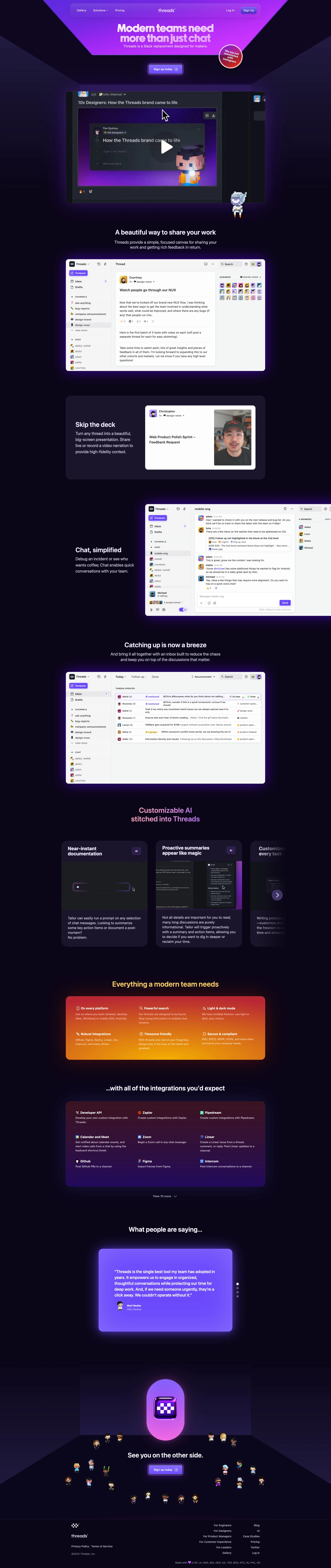 Threads Landing Page Example: We've built an all-in-one communication platform designed for makers. With Threads, avoid constant interruptions, the pain of keeping up / catching up, and encourage motion over progress as your company scales.