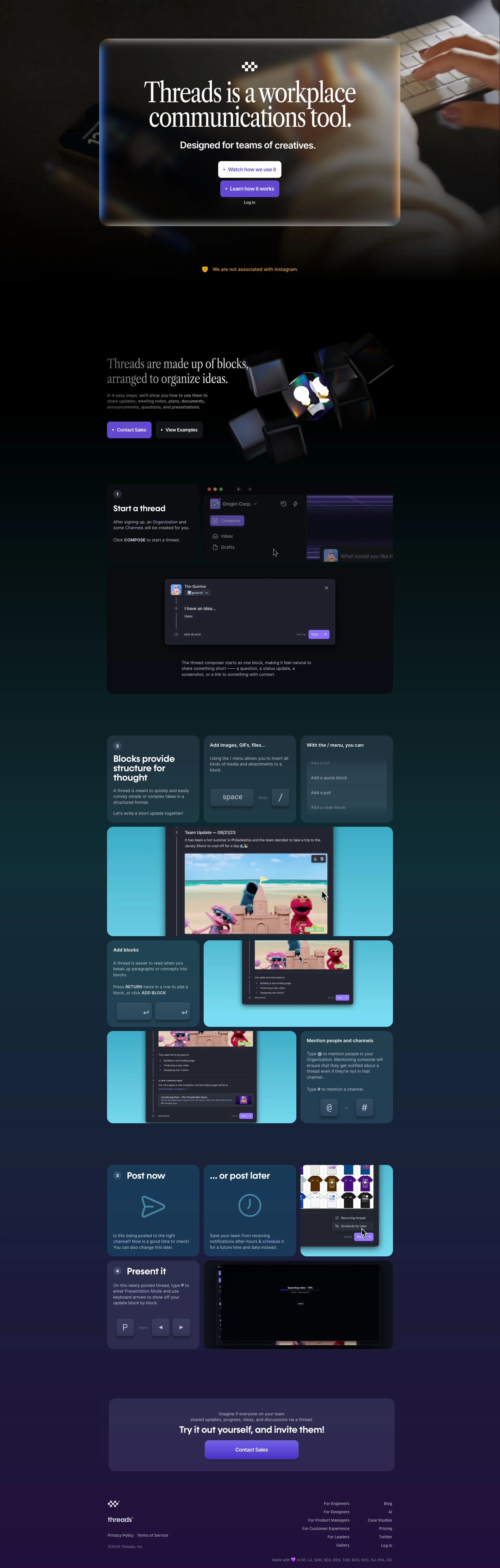 Threads Landing Page Example: We've built an all-in-one communication platform designed for makers. With Threads, avoid constant interruptions, the pain of keeping up / catching up, and encourage progress over motion as your company scales.