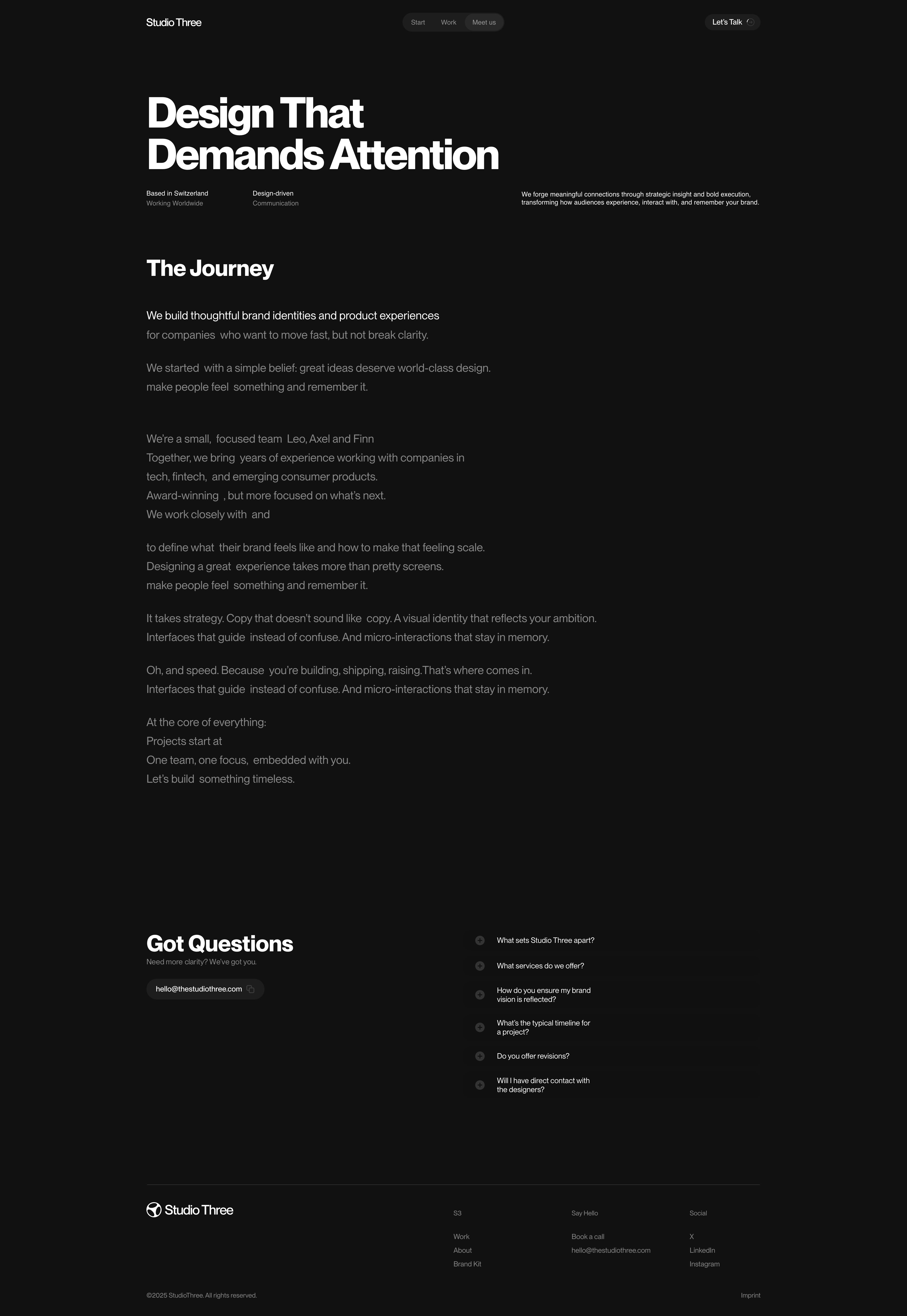 Studio Three Landing Page Example: We craft bold, boundary-pushing brands for founders in tech, finance, and commerce. No middlemen, just design that demands attention.