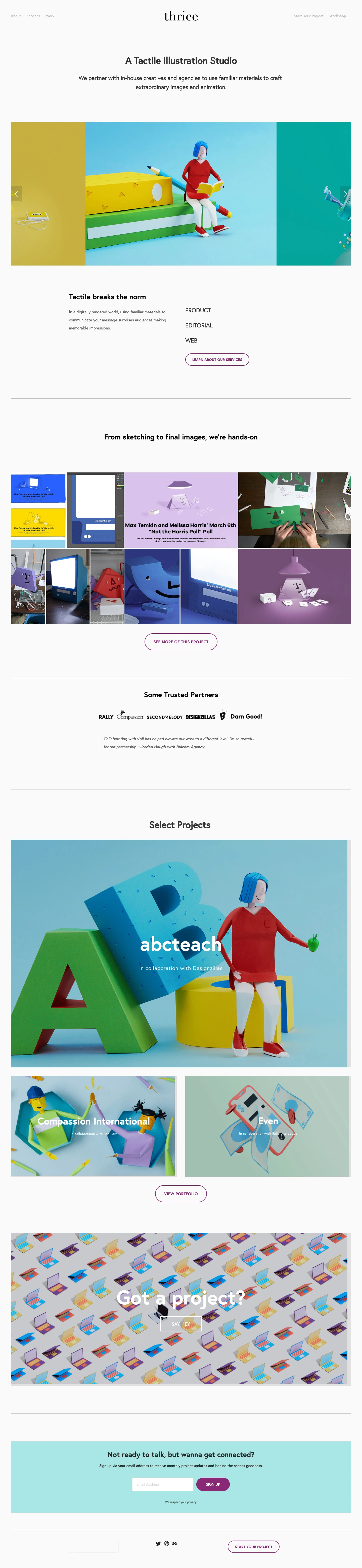 Thrice Studio Landing Page Example: We partner with in-house creatives and agencies to use familiar materials to craft extraordinary images and animation.