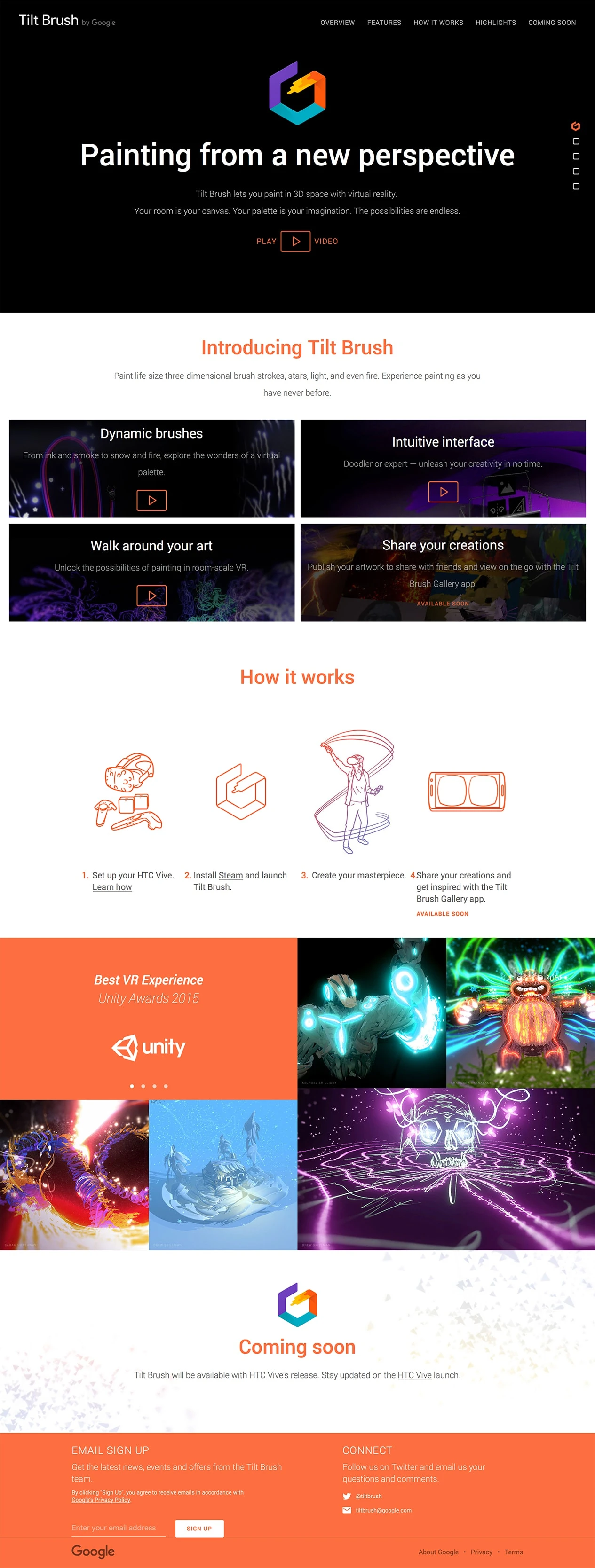 Tilt Brush by Google Landing Page Example: Tilt Brush lets you paint in 3D space with virtual reality. Your room is your canvas. Your palette is your imagination. The possibilities are endless.
