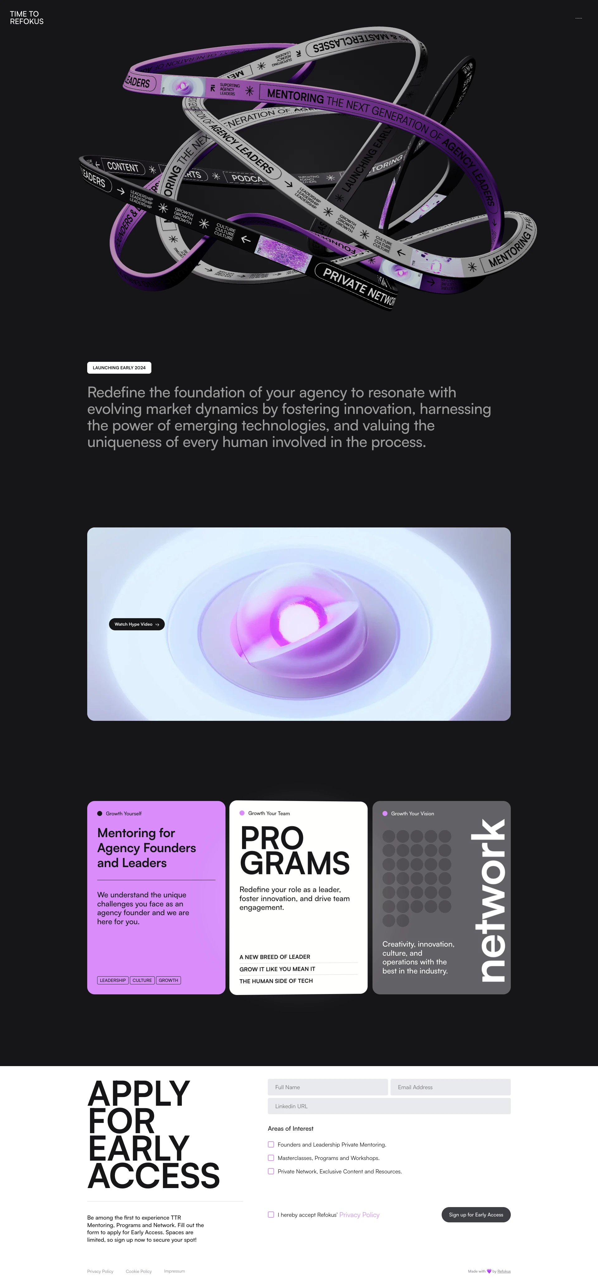 Time To Refokus Landing Page Example: Redefine the foundation of your agency to resonate with evolving market dynamics by fostering innovation, harnessing the power of emerging technologies, and valuing the uniqueness of every human involved in the process.