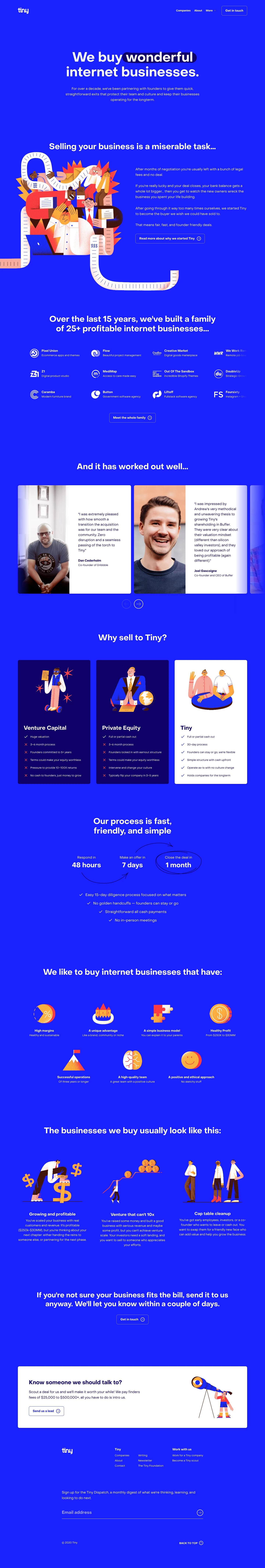 Tiny Landing Page Example: We buy wonderful internet businesses. For over a decade, we've been partnering with founders to give them quick, straightforward exits that protect their team and culture and keep their businesses operating for the longterm.