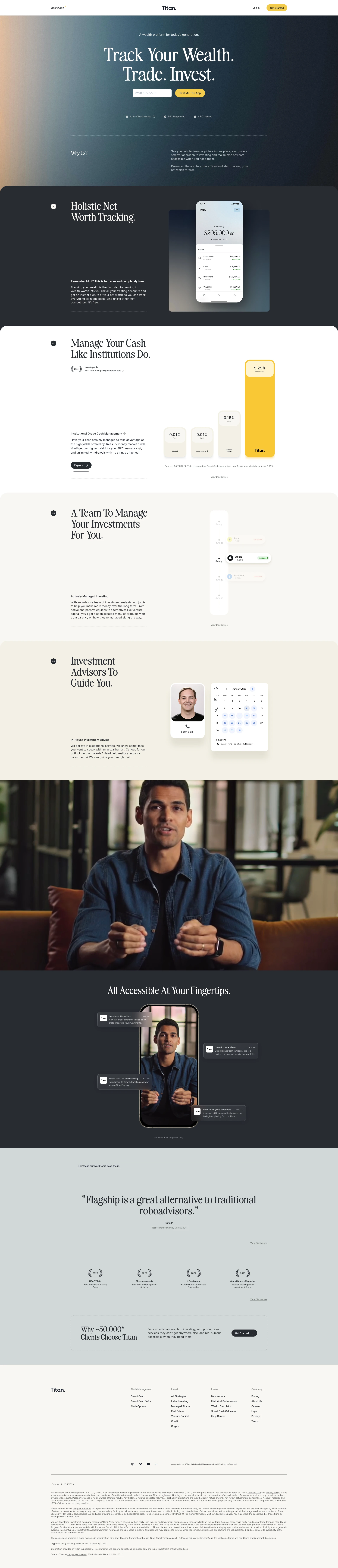 Titan Landing Page Example: See your entire financial picture in one place, with a smarter approach to investing and real human advisors accessible when you need them.