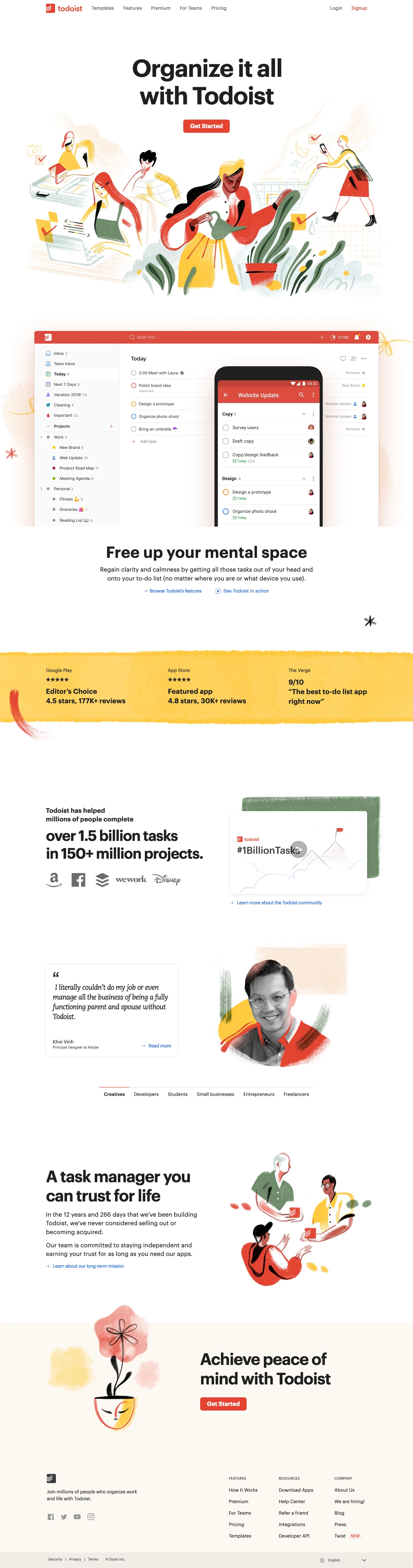Todoist Landing Page Example: Join 20 million people and teams that organize, plan, and collaborate on tasks and projects with Todoist. "The best to-do list" by The Verge.