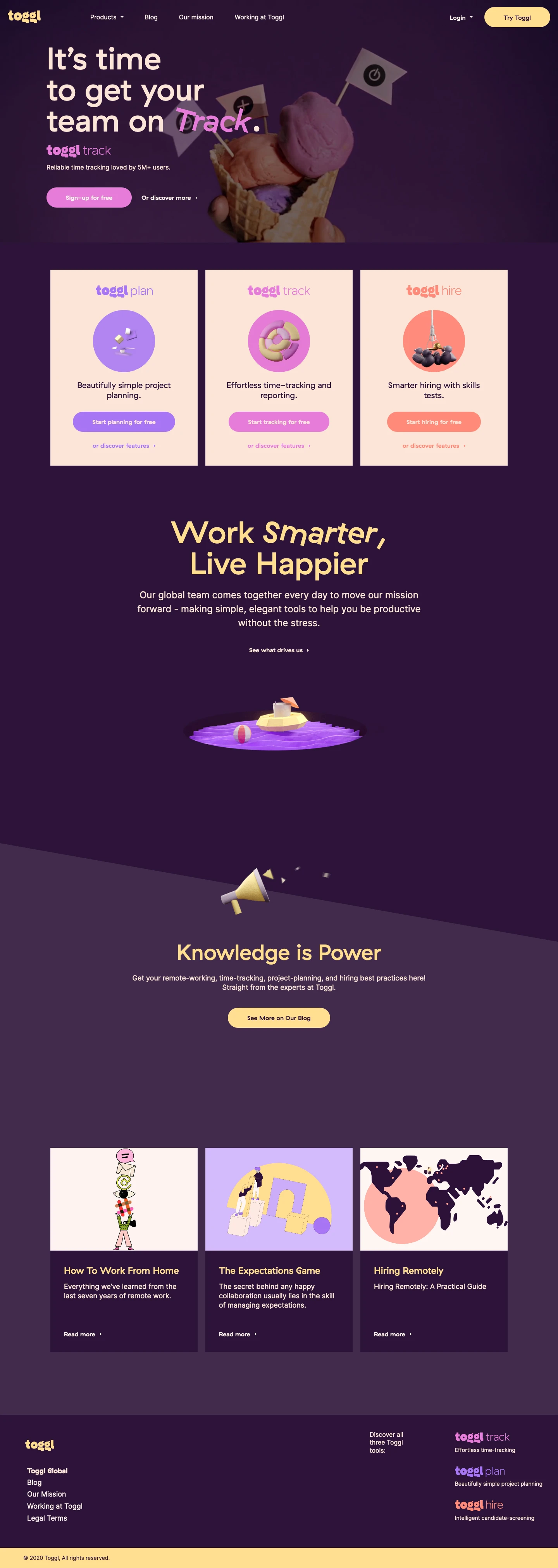 Toggl Track Landing Page Example: We take the stress out of time-tracking, project-planning, and hiring. Designed by and for teams that work from anywhere.