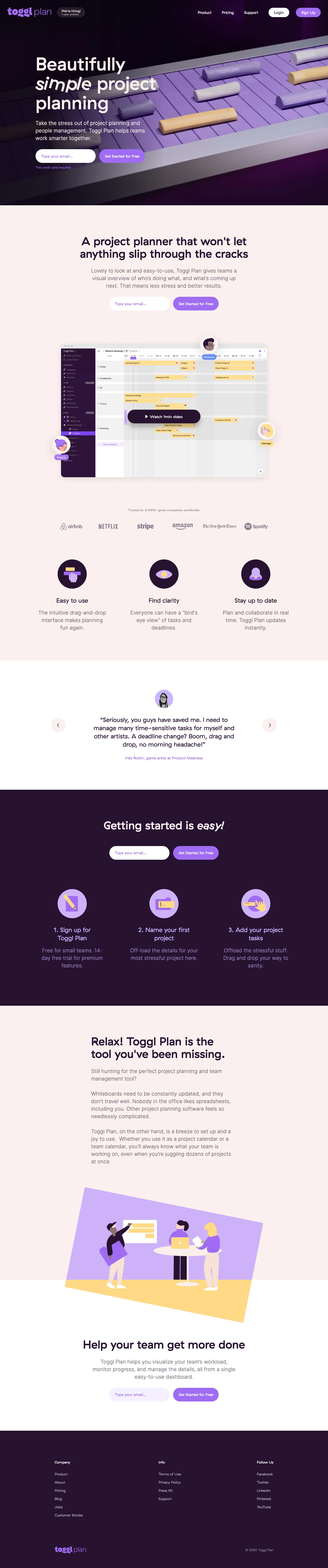 Toggl Plan Landing Page Example: Beautifully simple project planning. Take the stress out of project planning and people management. Toggl Plan helps teams work smarter together.