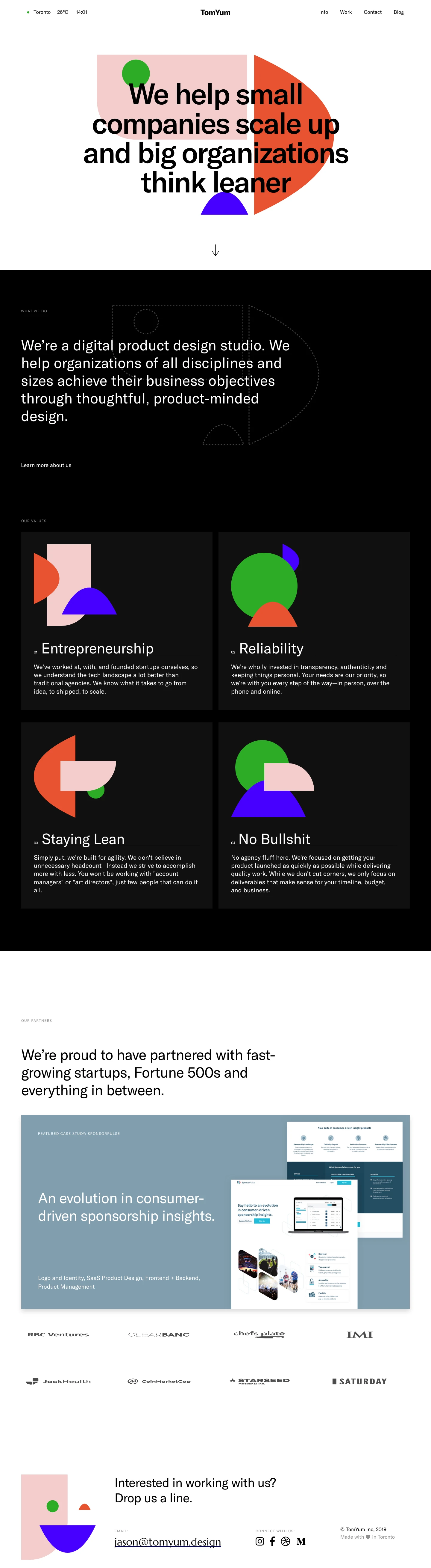 TomYum Landing Page Example: We help grow businesses, big and small, using a multidisciplinary approach to design and development. For us, problem solving is practically an art form.