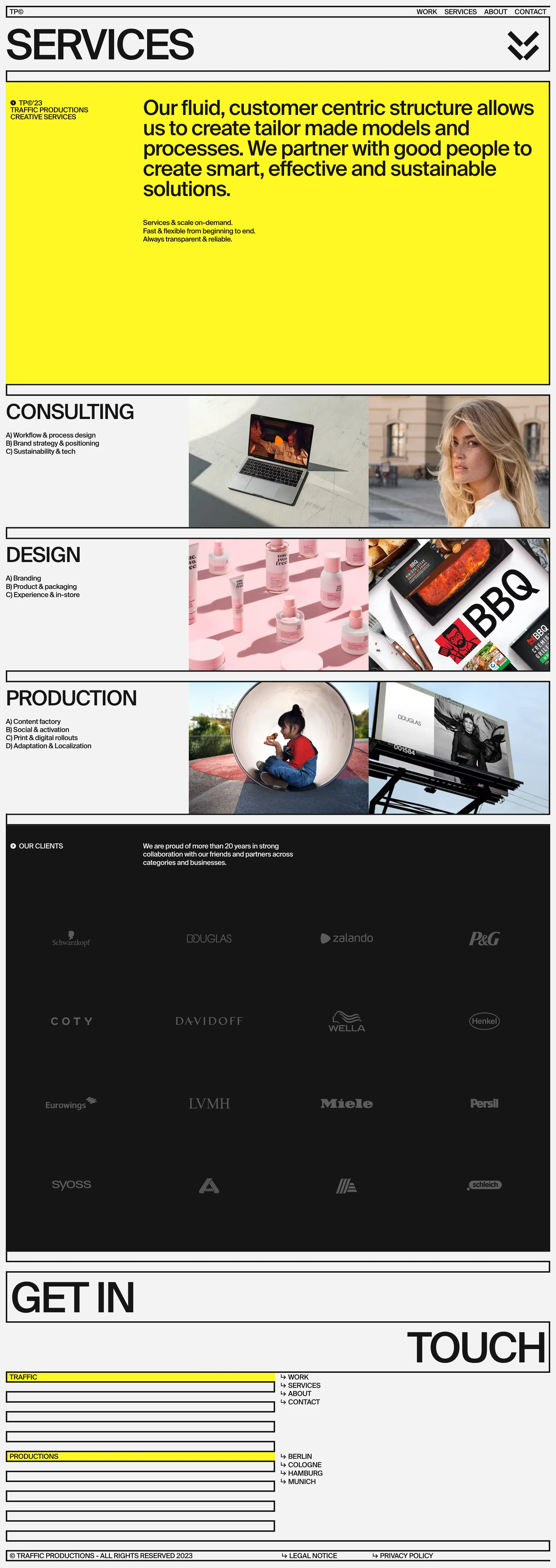 Traffic Productions Landing Page Example: A service-oriented, creative production house, working across physical and digital. We design things from beginning to end, that give good traffic.
