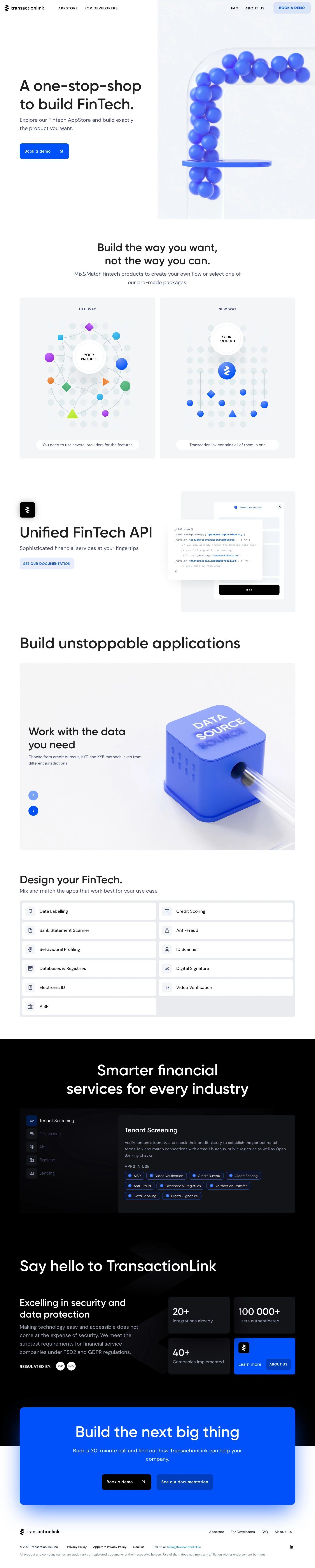 TransactionLink Landing Page Example: Connect to our API to get real-time customer banking data and build your new fintech application.