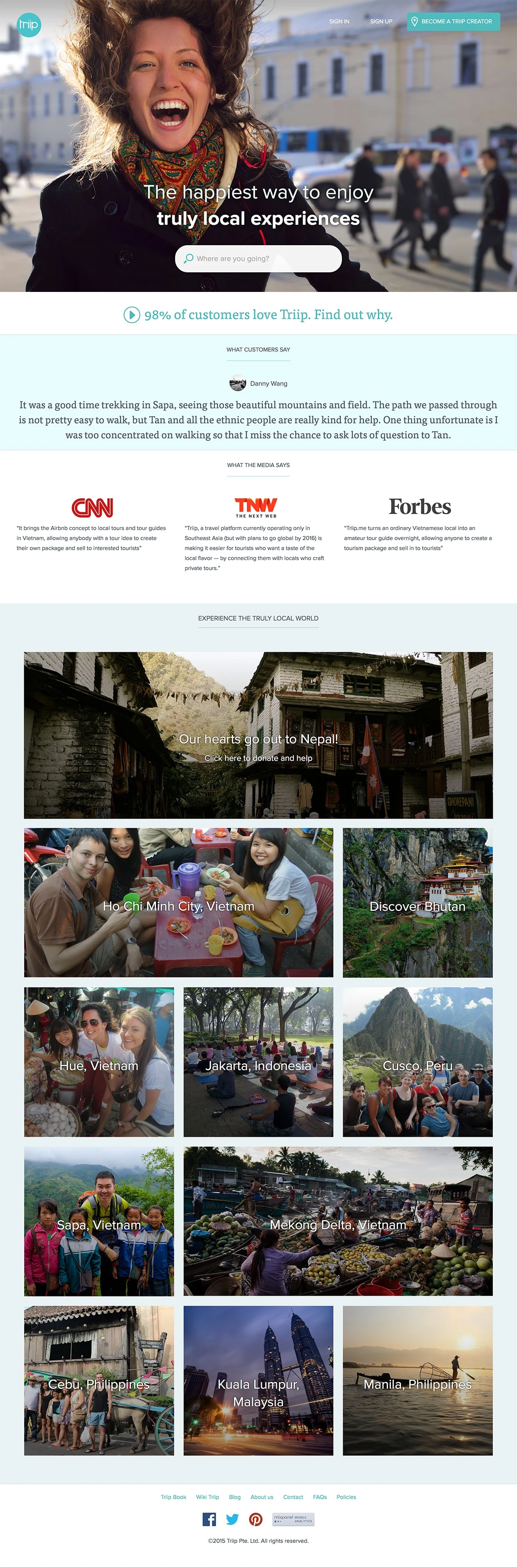 Triip Landing Page Example: Triip is the travel platform that enables travelers to enjoy the best private tours passionately crafted by handpicked local tour guides