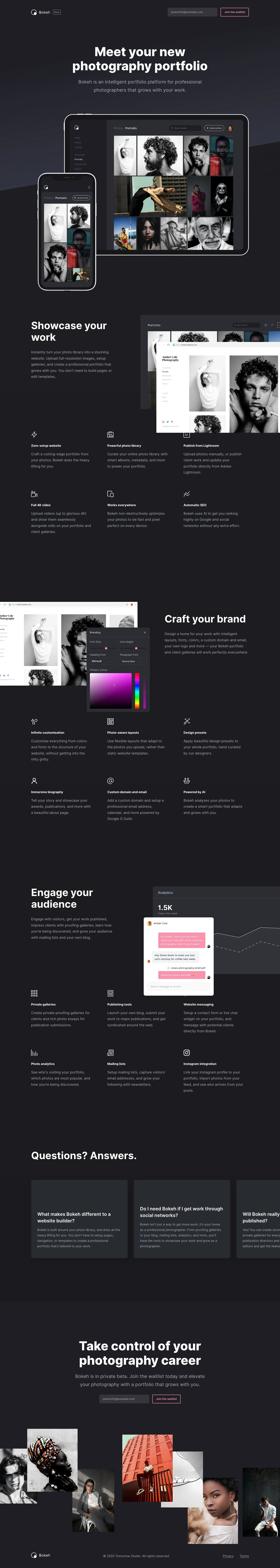 Bokeh Landing Page Example: Meet your new photography portfolio. Bokeh is an intelligent portfolio platform for professional photographers that grows with your work.