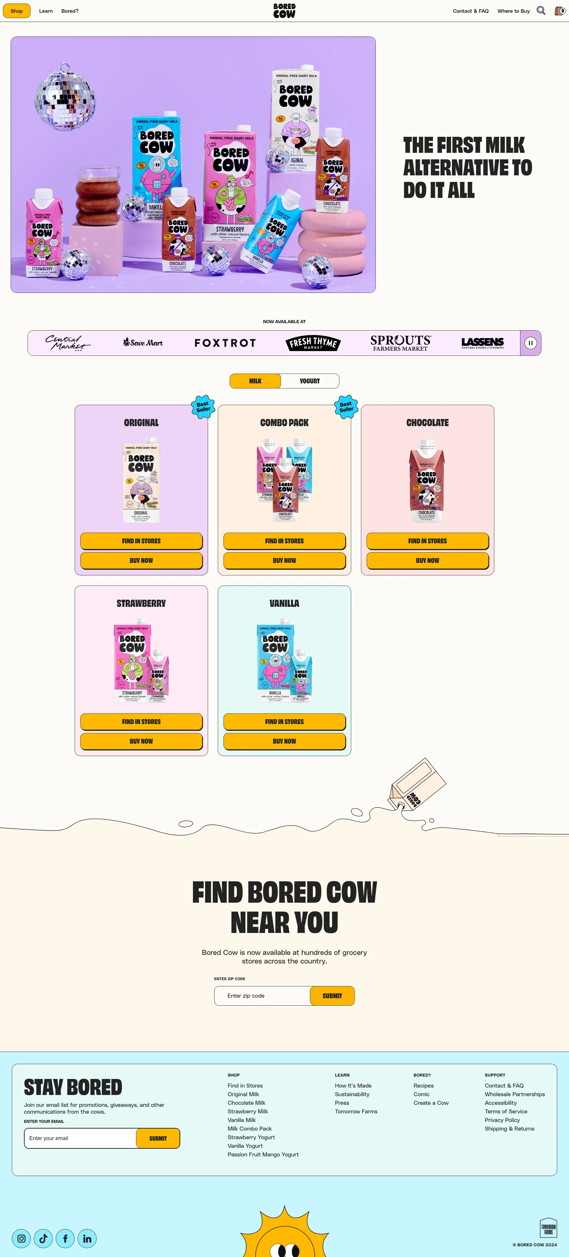 Bored Cow Landing Page Example: Looking for a better milk alternative? Bored Cow looks, feels, tastes, and acts just like dairy. The difference? Ours is lactose free, cholesterol free, and cruelty free. Did we mention it's packed with protein, calcium, and vitamins too? Give cows a break!