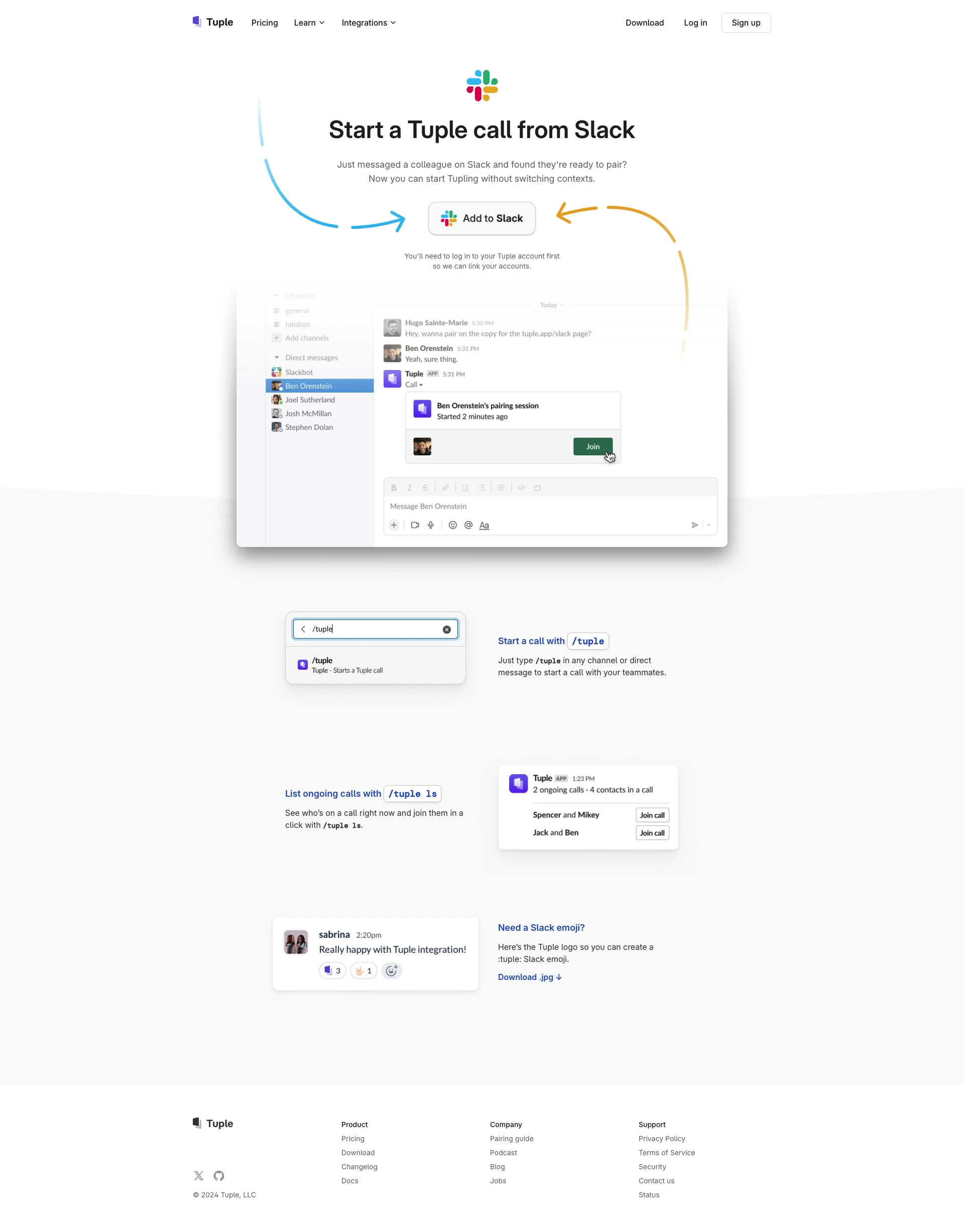 Tuple Landing Page Example: The best remote pair programming app on macOS and Windows. Built from the ground up to deliver razor sharp screen sharing, crisp audio, and seamless remote control, so you can get into the flow with your teammates and do real work.