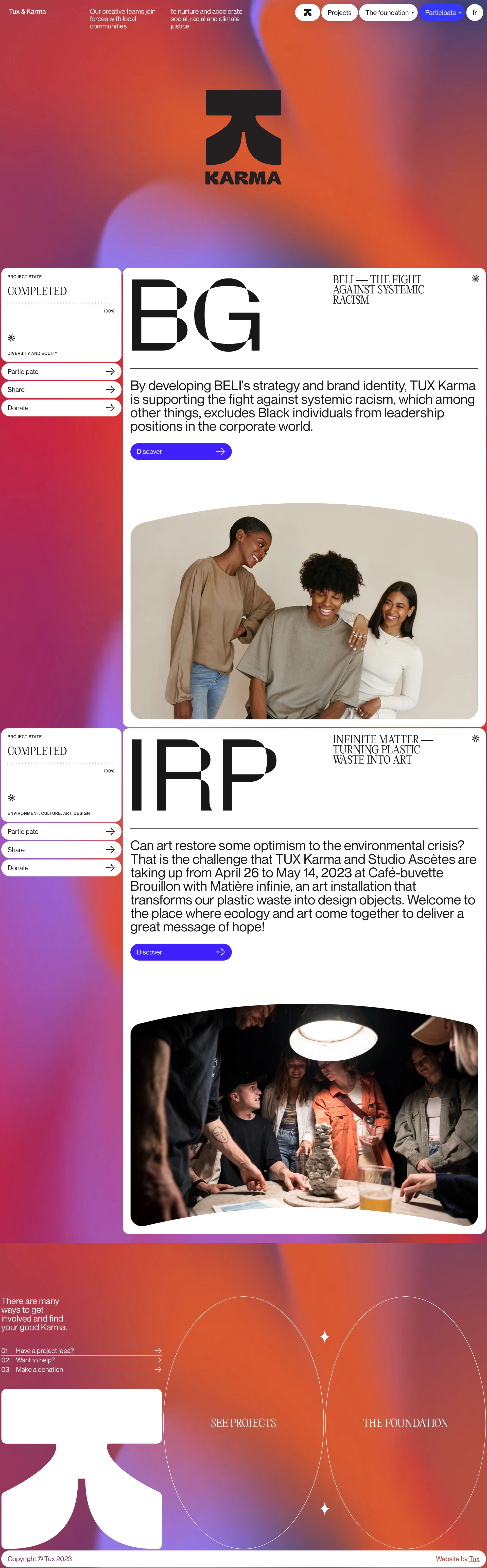 Tux & Karma Landing Page Example: Our creative teams join forces with local communities to promote social, racial and climate justice.