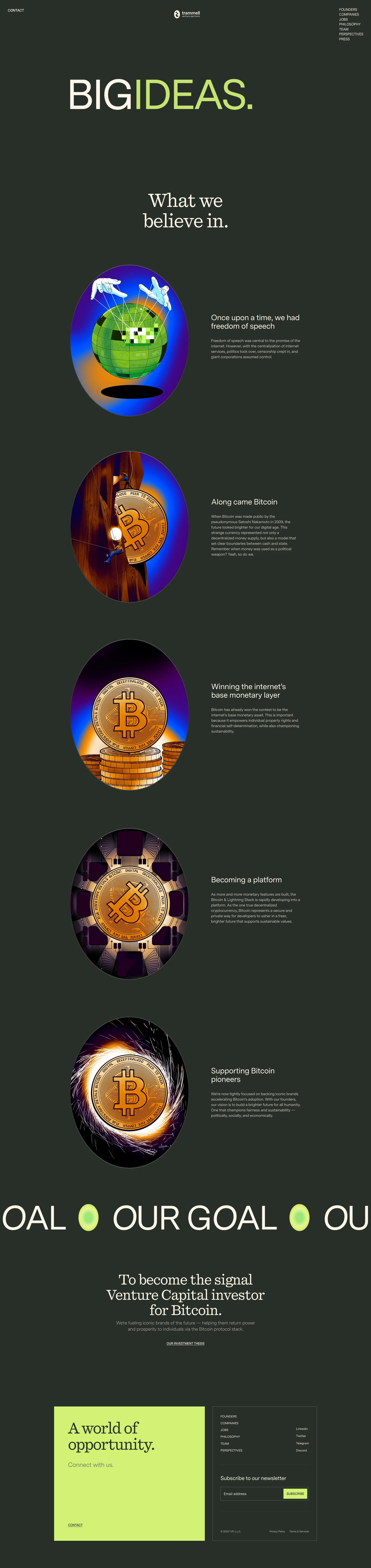 Trammell Venture Partners Landing Page Example: We help Bitcoin founders build iconic brands at the emergence of a new monetary order.
