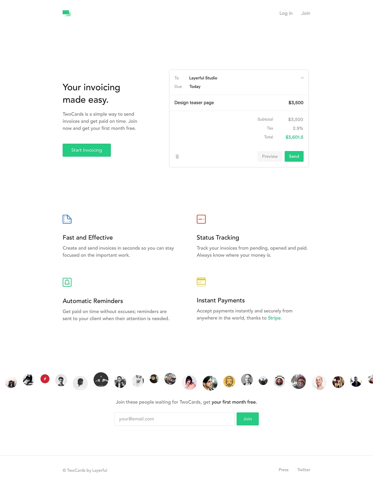 TwoCards Landing Page Example: Your invoicing made easy. TwoCards is a simple way to send invoices and get paid on time.