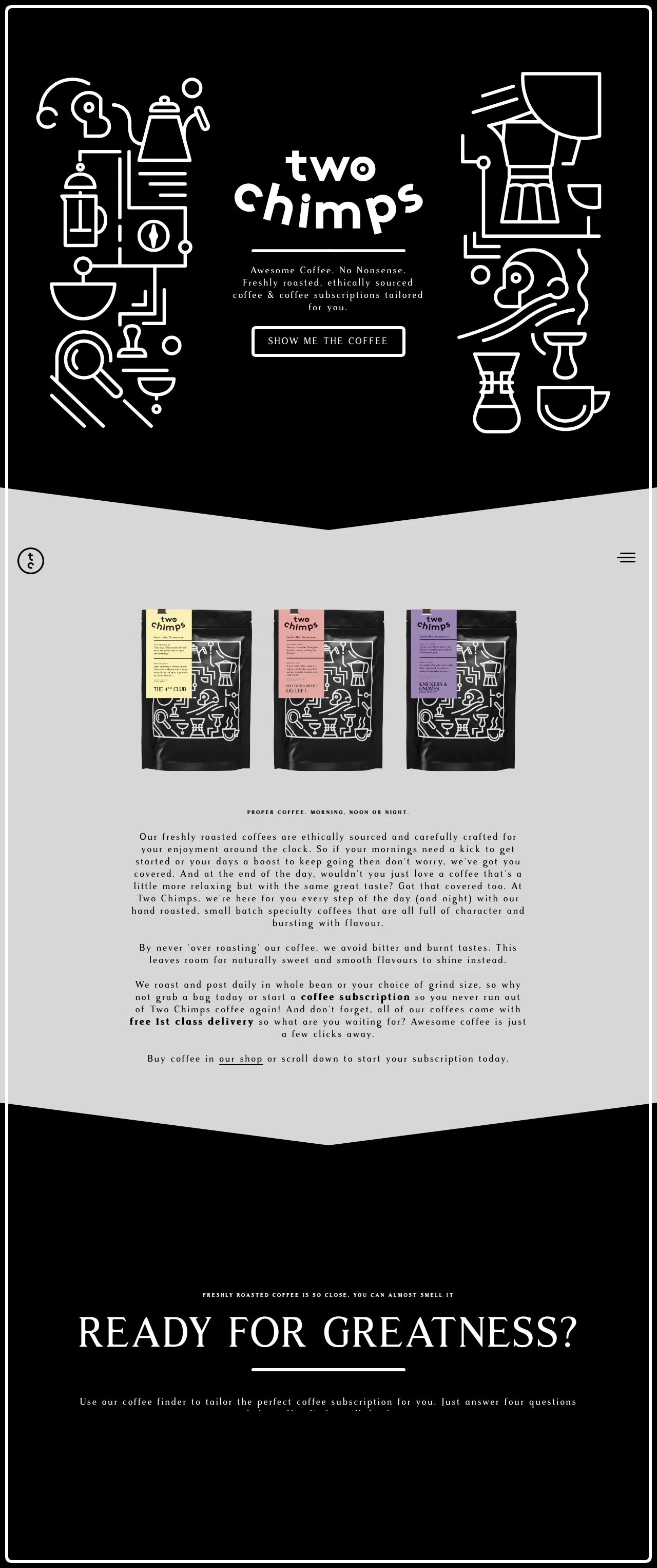 Two Chimps Coffee Landing Page Example: Awesome Coffee. No Nonsense. Freshly roasted, ethically sourced coffee & coffee subscriptions tailored for you.