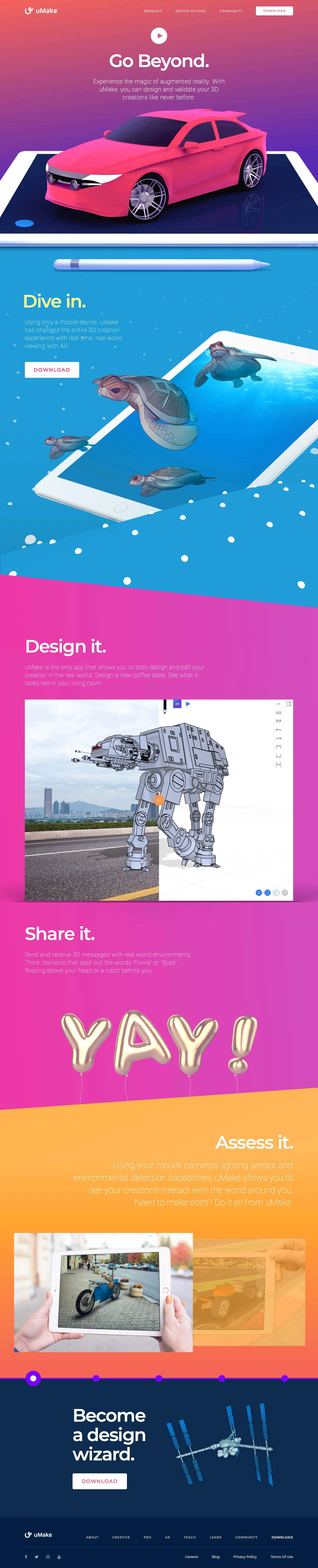 uMake Landing Page Example: Experience the magic of augmented reality. With uMake, you can design and validate your 3D creations like never before.