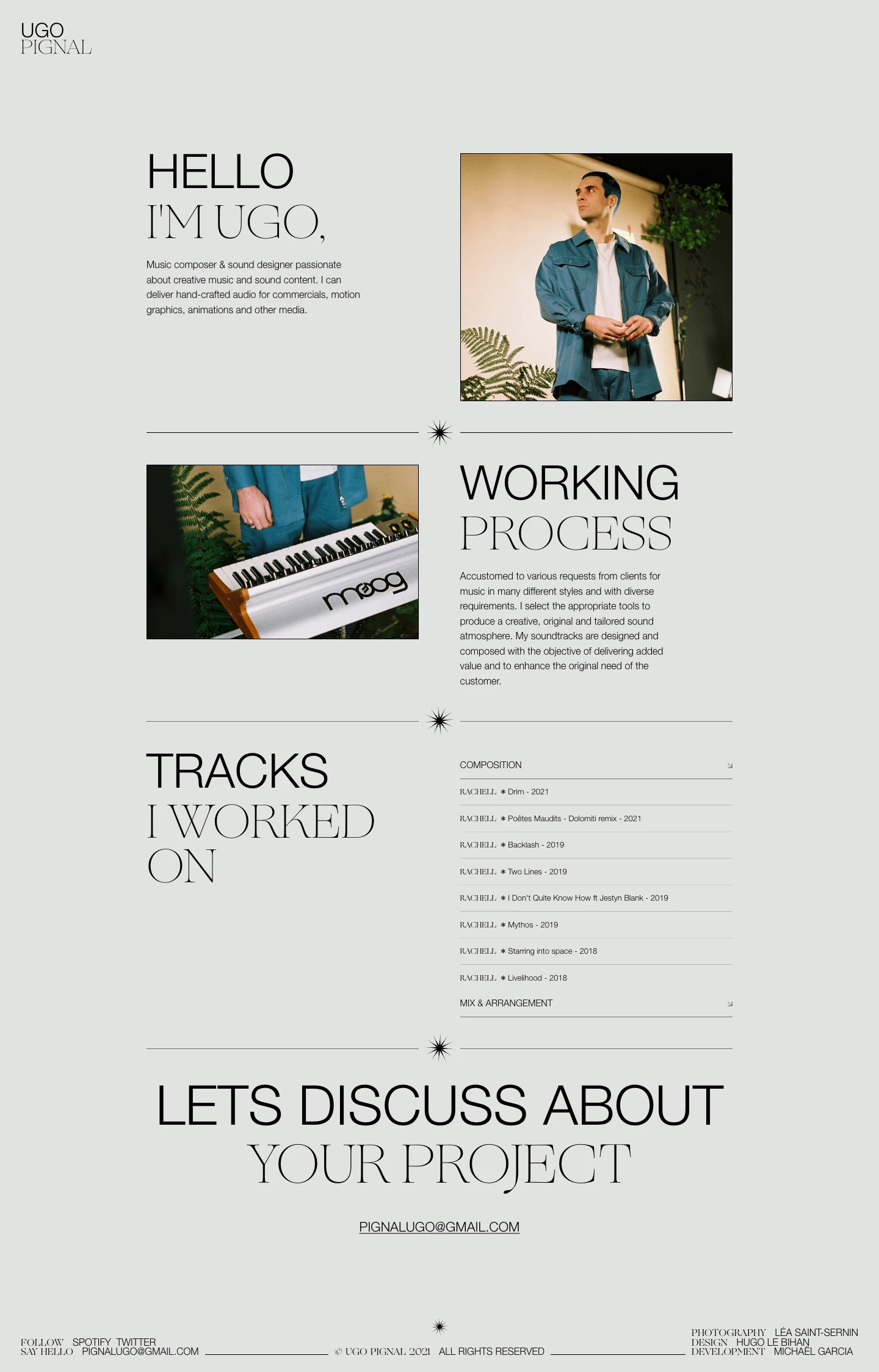 Ugo Pignal Landing Page Example: Music composer & sound designer passionate about creative music and sound content. I can deliver hand-crafted audio for commercials, motion graphics, animations and other media.