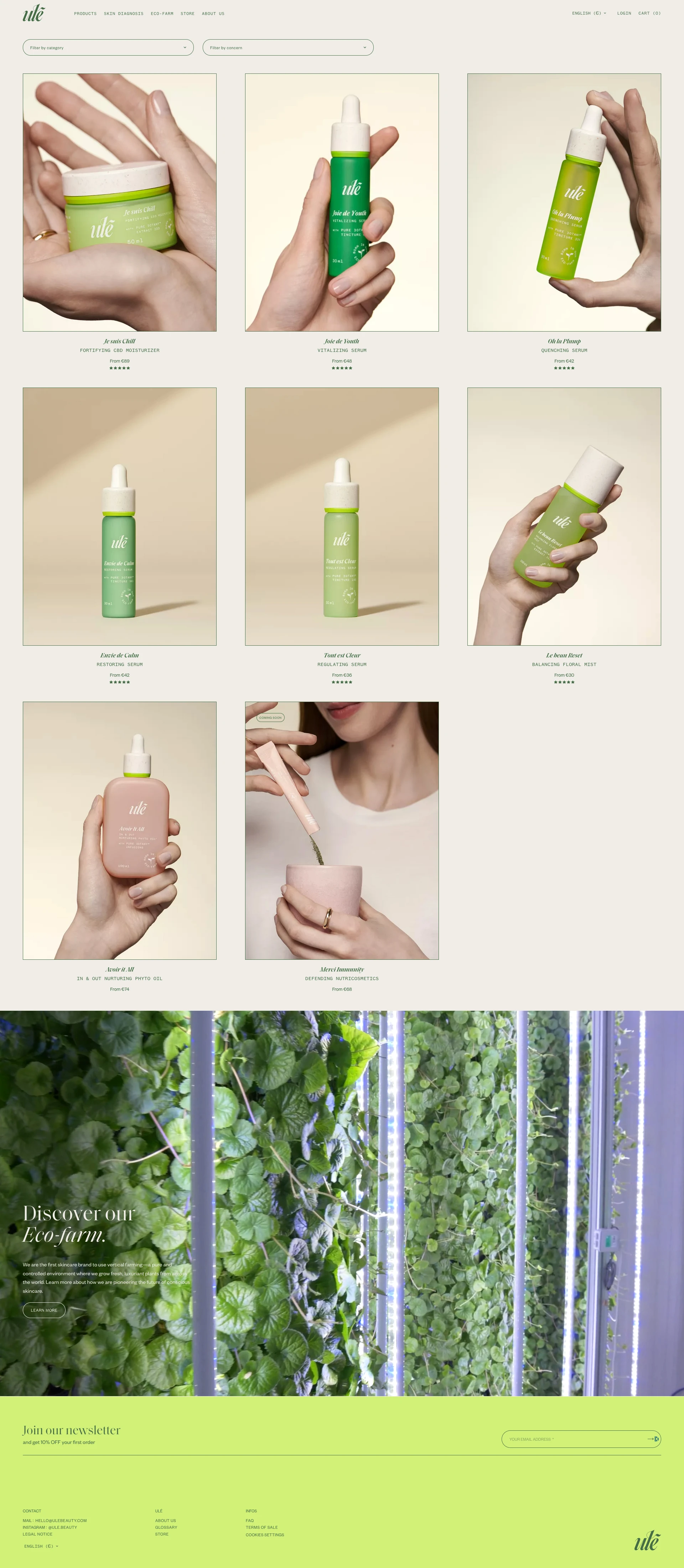 Ulé Landing Page Example: Ulé reinvents cosmetic care, using for the first time an avant-garde cultivation method to serve your skin. Cultivated in its vertical farm, plants bursting with molecules and nutrients are transformed into super-active extracts, to give you radiant skin.