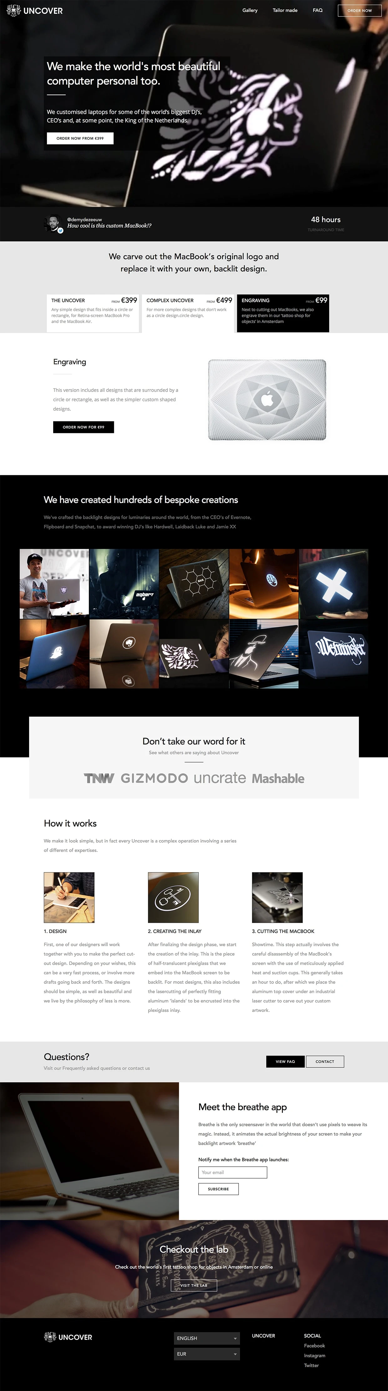UNCOVER Landing Page Example: We lasercut MacBooks and let their innate light shine through.