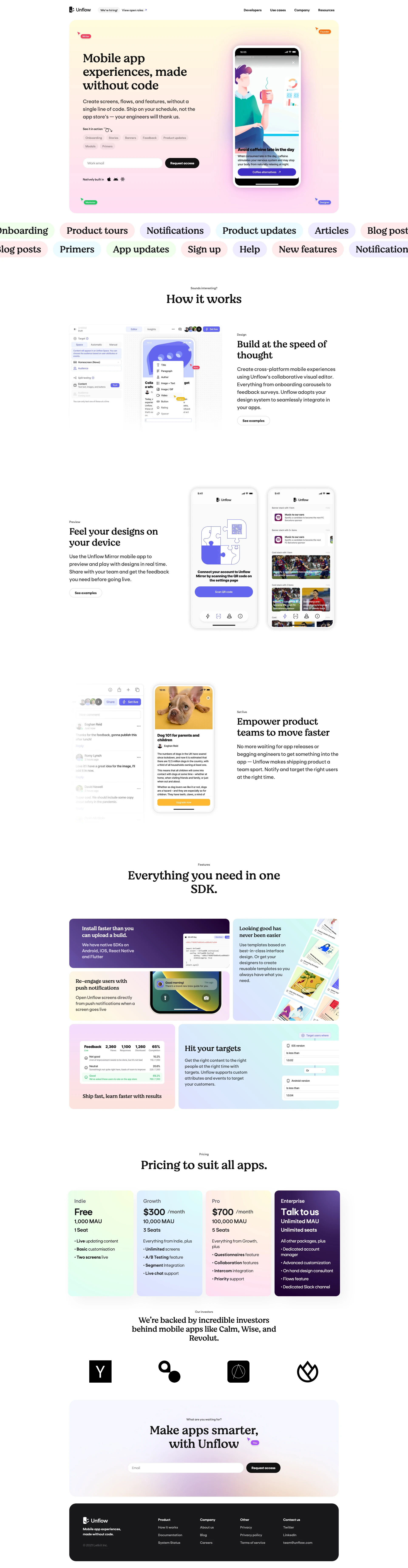 Unflow Landing Page Example: Mobile app experiences, made without code. Create screens, flows, and features, without a single line of code. Ship on your schedule, not the app store's — your engineers will thank us.