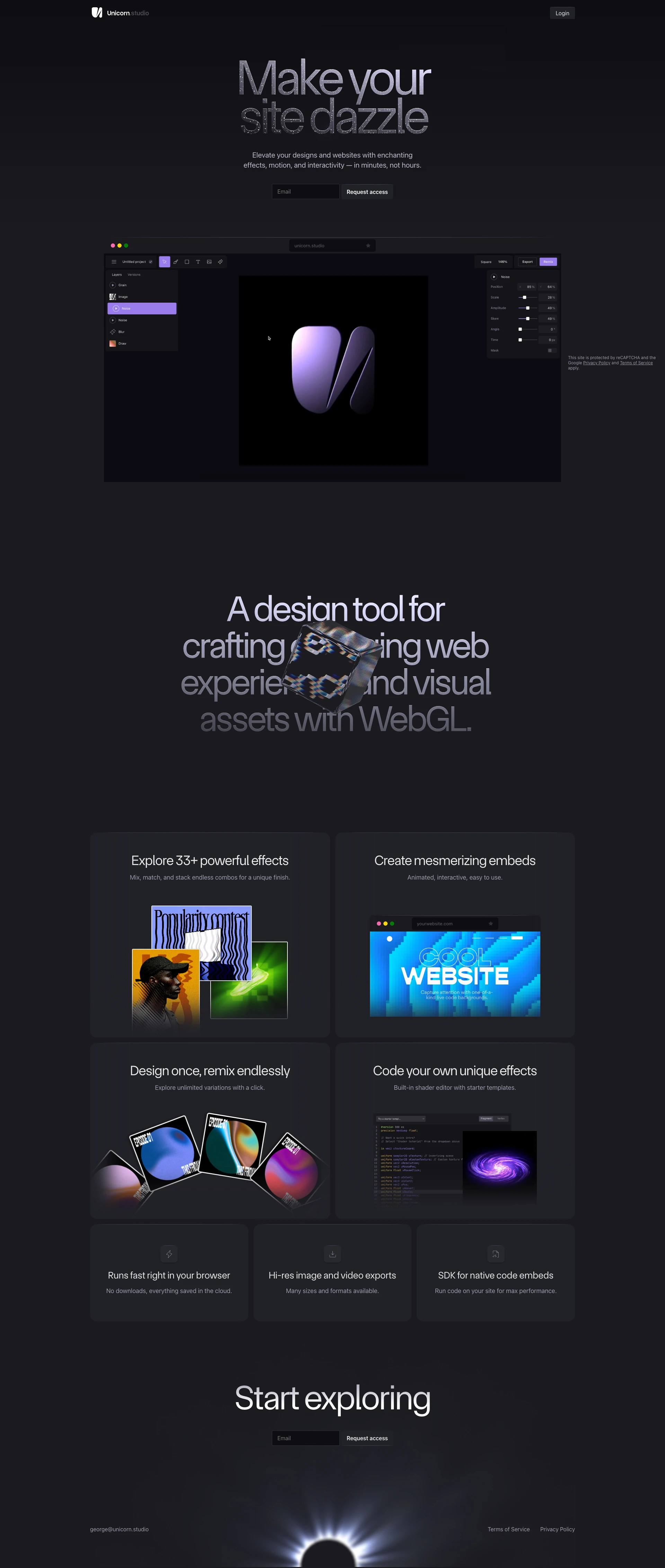 Unicorn Studio Landing Page Example: Elevate your websites with enchanting WebGL effects, motion, and interactivity — in minutes, not hours. No code neccessary, Unicorn Studio makes WebGL easy for designers.