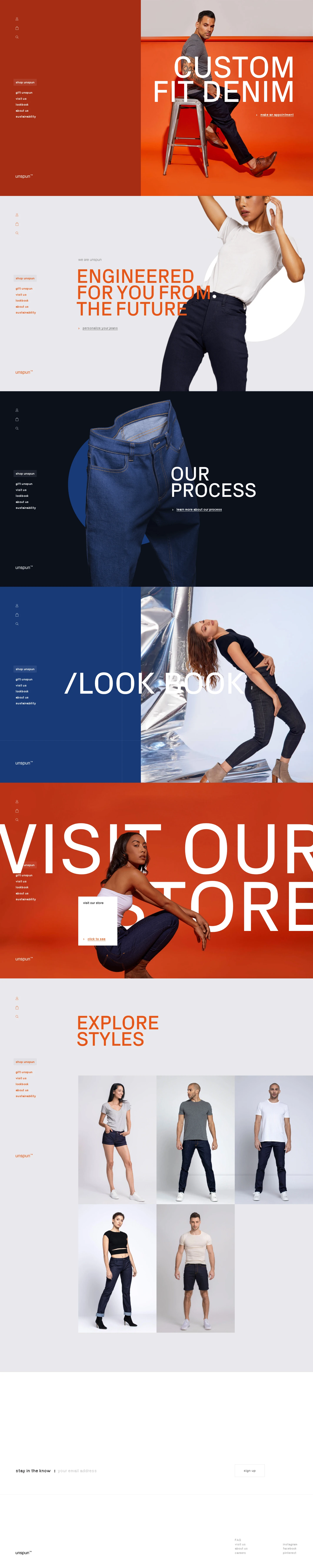 unspun Landing Page Example: unspun jeans are made on-demand, without sizes or standardization. We got rid of inventory and use only the most sustainable fabrics and methods to produce perfect fitting jeans stylized by you for you only.