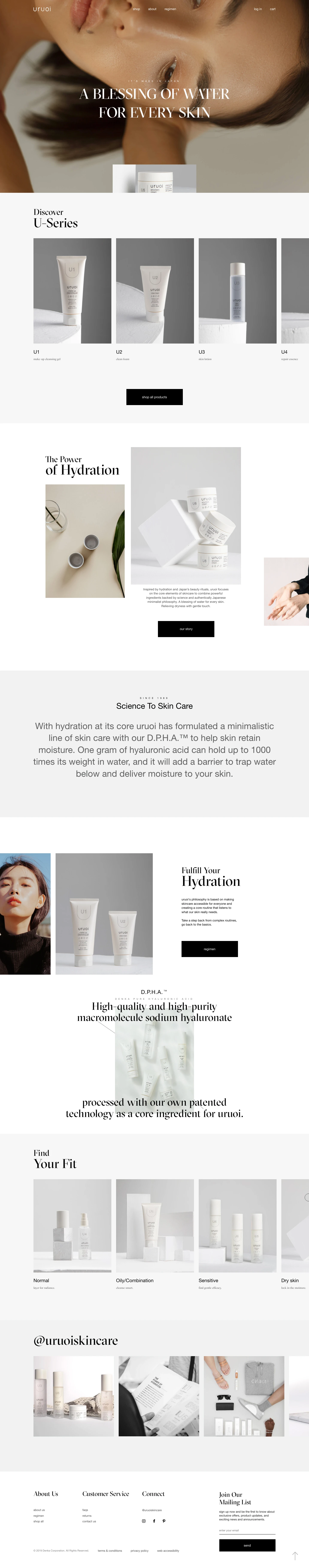 uruoi Landing Page Example: Uruoi concentrates on the core elements of skincare to combine an authentically Japanese minimalist philosophy and powerful ingredients backed by science.