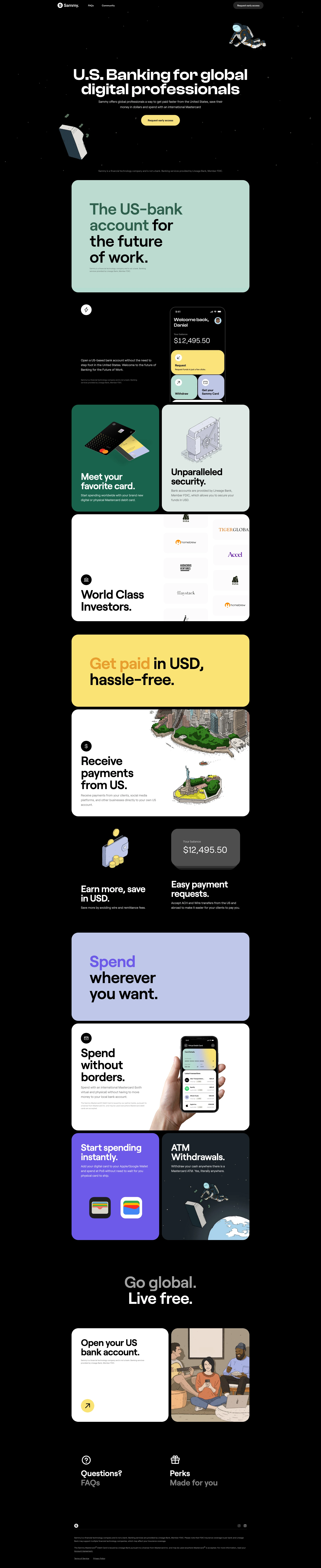 Sammy Landing Page Example: Sammy offers global professionals a way to get paid faster form the United States, save their money in dollars and spend with an international Mastercard.