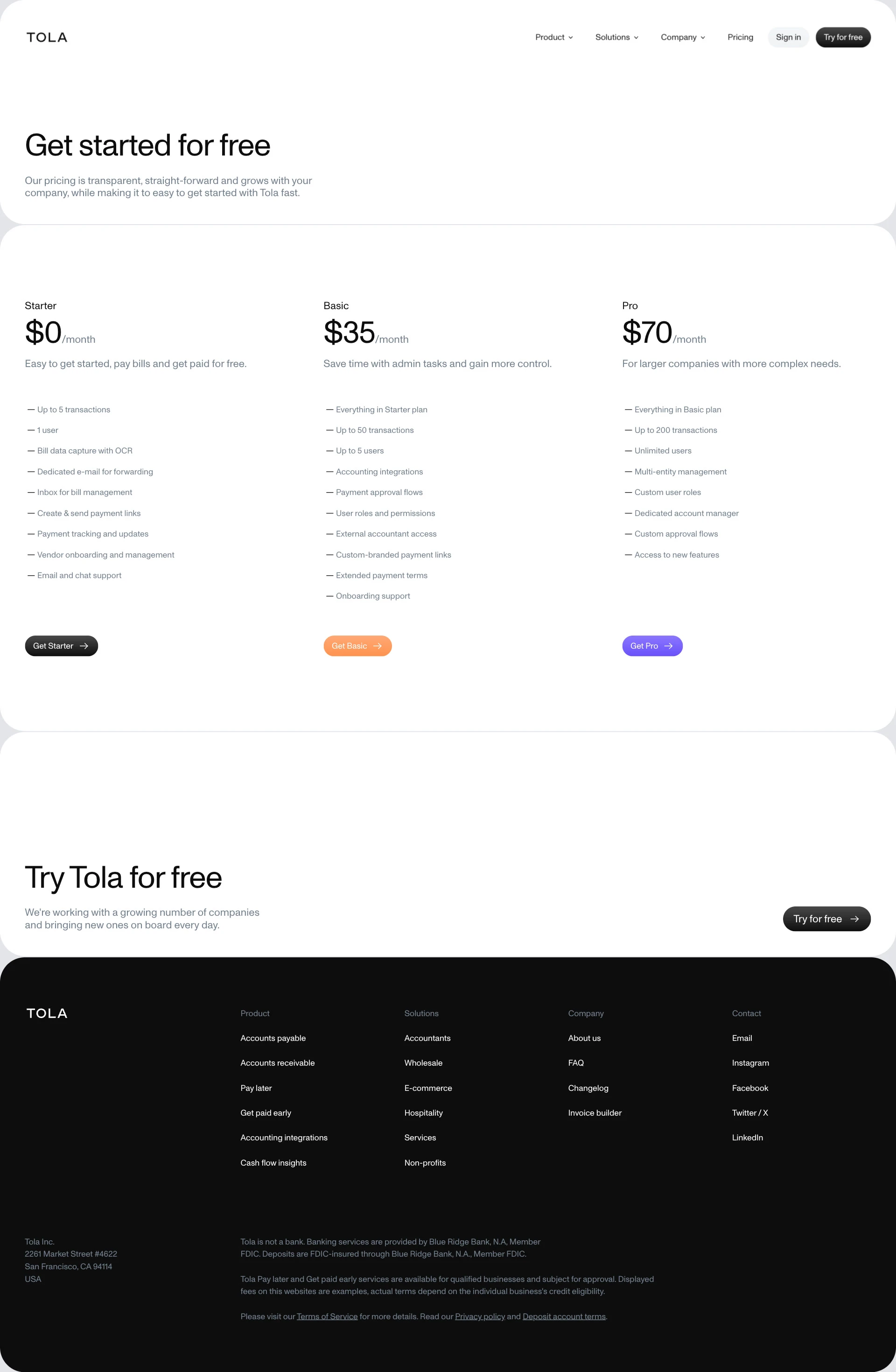 Tola Landing Page Example: Pay bills, get paid and manage cash flow. Tola combines accounts payable, receivable and cash flow management with working capital, helping save businesses time and money.