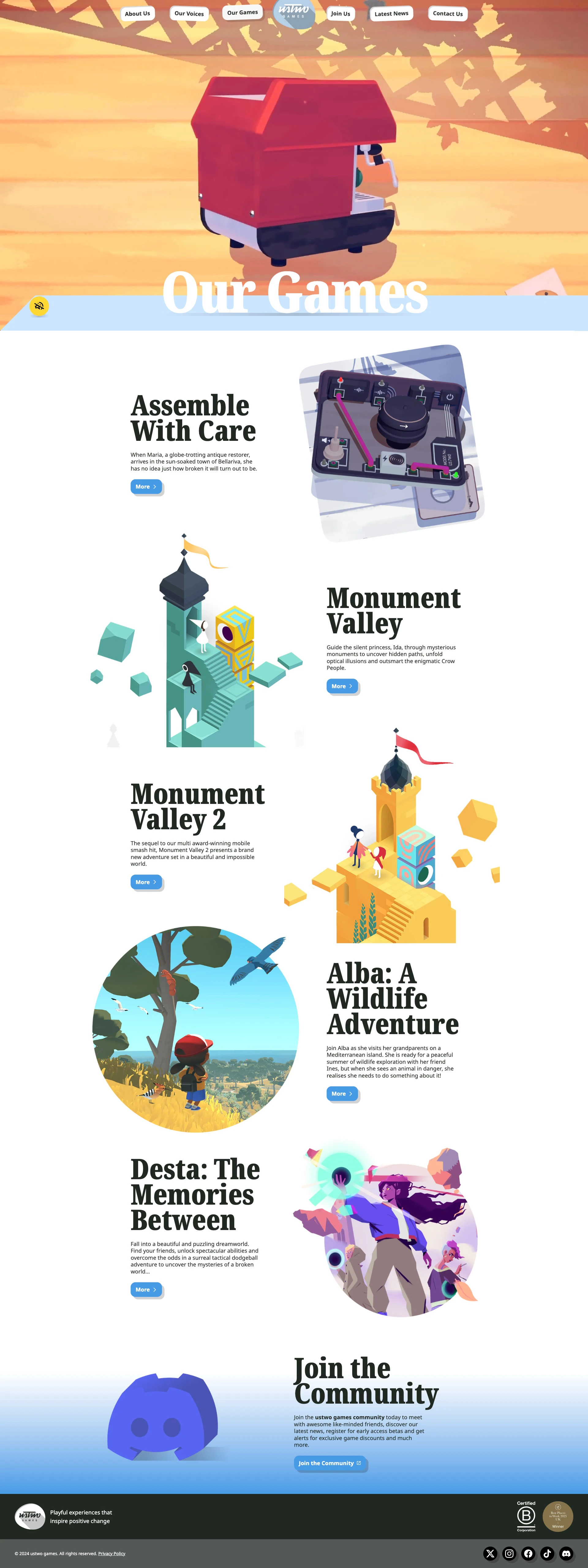 ustwo games Landing Page Example: We are a small (and creative, cool, passionate and great!) game studio, found in South London. We are best known for our award-winning Monument Valley series and the inspiring eco-adventure Alba: A Wildlife Adventure.