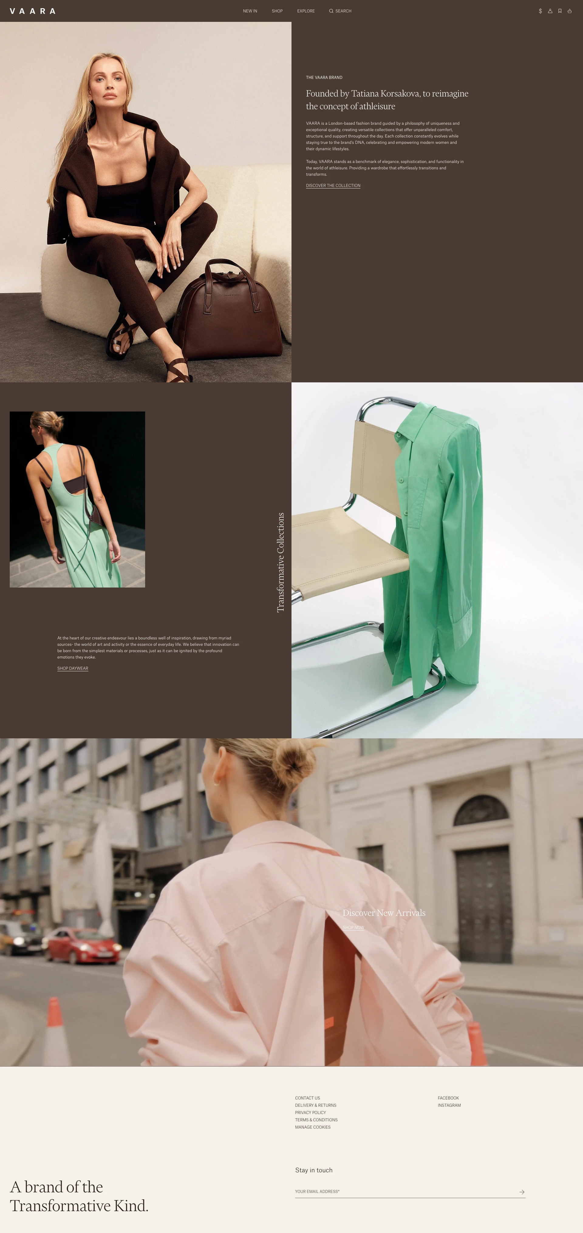 VAARA Landing Page Example: VAARA was founded by Tatiana Korsakova to develop exceptional multifunctional womenswear. Collections that seek to transcend the traditional ideas of athleisure.