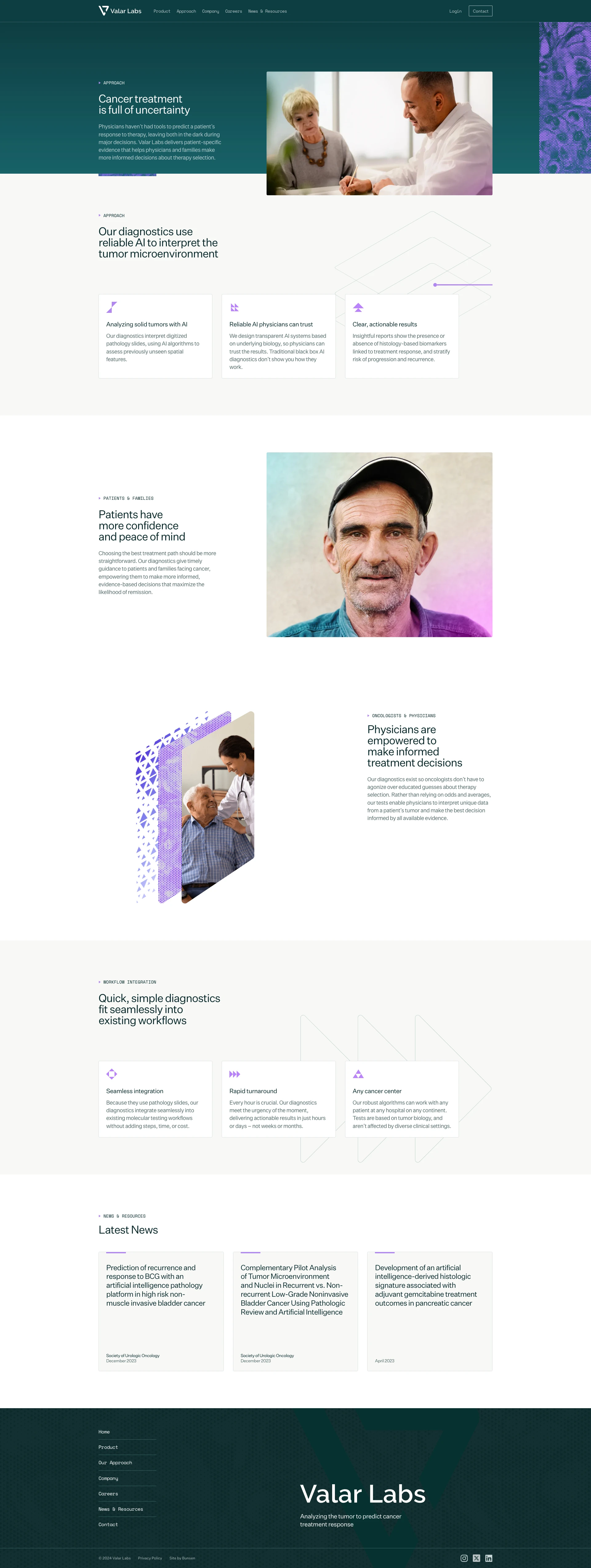 Valarlabs Landing Page Example: Valar Labs makes diagnostics that use AI to interpret solid tumors and deliver insights, so physicians and patients can make informed treatment decisions.