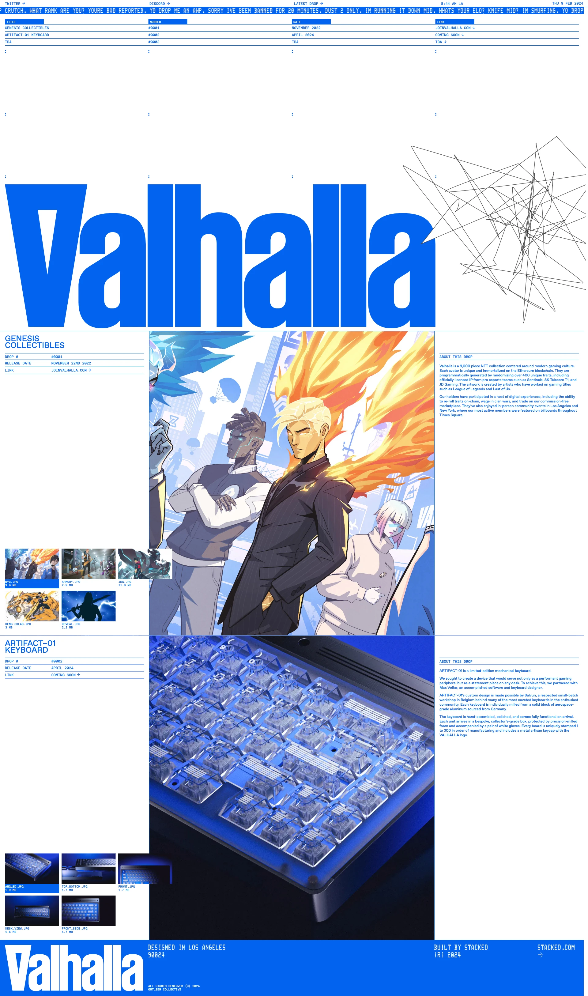 Valhalla Landing Page Example: Valhalla is a 9,000 piece NFT collection centered around modern gaming culture. Each avatar is unique and immortalized on the Ethereum blockchain. They are programmatically generated by randomizing over 400 unique traits, including officially licensed IP from pro esports teams such as Sentinels, SK Telecom T1, and JD Gaming. The artwork is created by artists who have worked on gaming titles such as League of Legends and Last of Us.