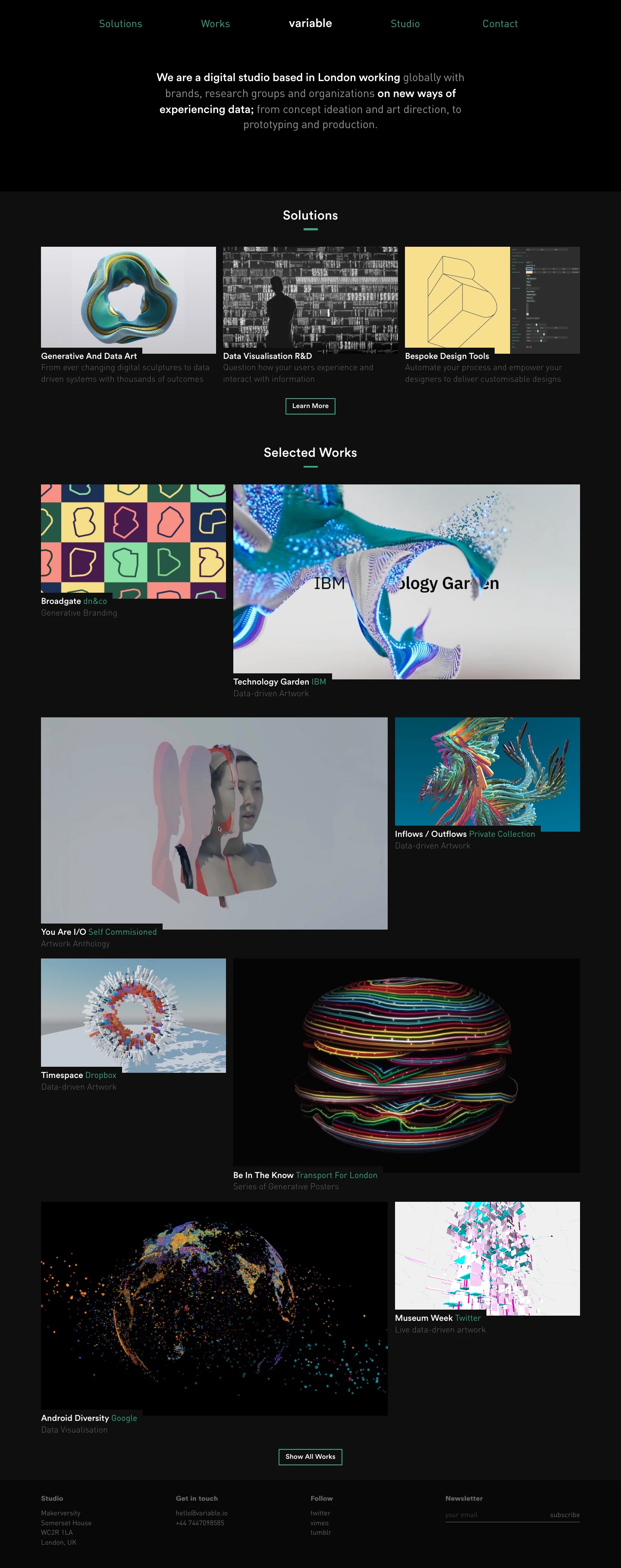 Variable Landing Page Example: Variable is a generative design and data visualisation studio based in London, UK. We blend design, software and aesthetics emerging from data, processes and human behaviour.