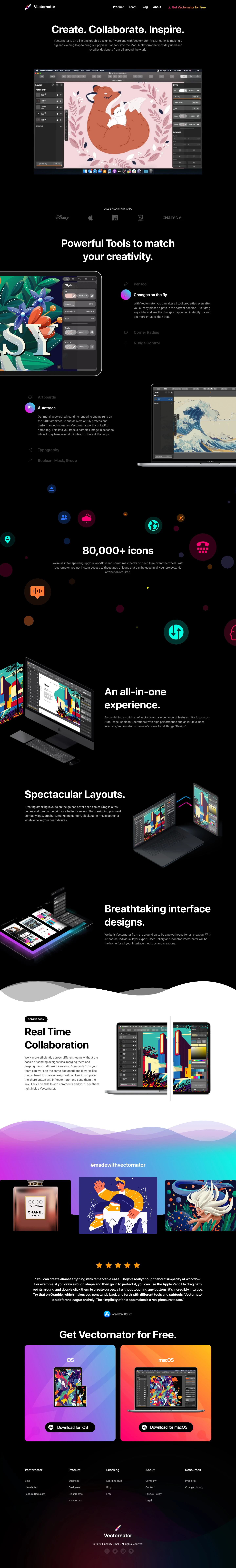 Vectornator Landing Page Example: Vectornator is an all in one graphic design software and with Vectornator Pro, Linearity is making a big and exciting leap to bring our popular iPad tool into the Mac. A platform that is widely used and loved by designers from all around the world.