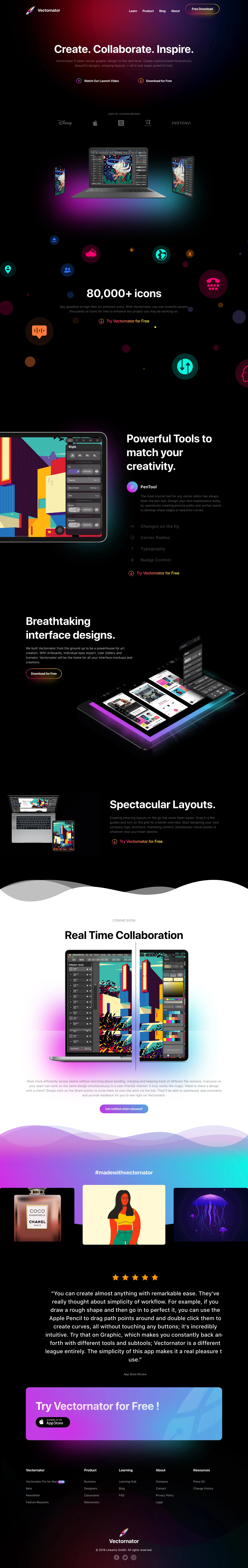 Vectornator Landing Page Example: Vectornator X takes vector graphic design to the next level. Create sophisticated illustrations, beautiful designs, amazing layouts — all in one super powerful tool.
