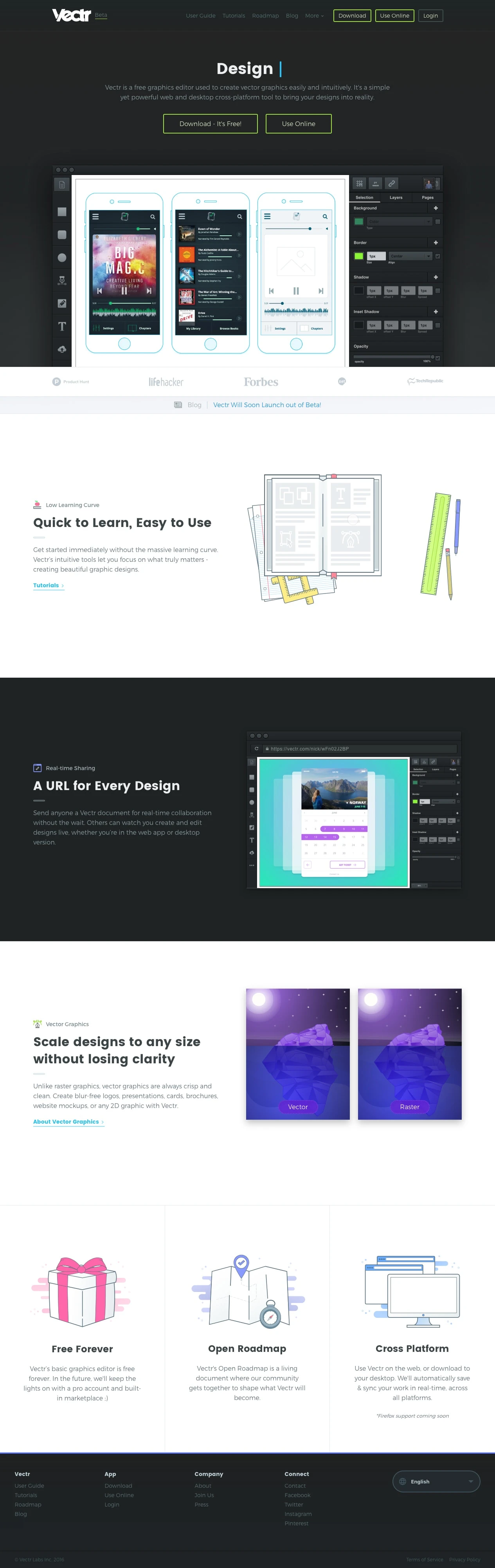 Vectr Landing Page Example: Free vector graphics editor. A simple yet powerful web and desktop cross-platform tool for everyone.