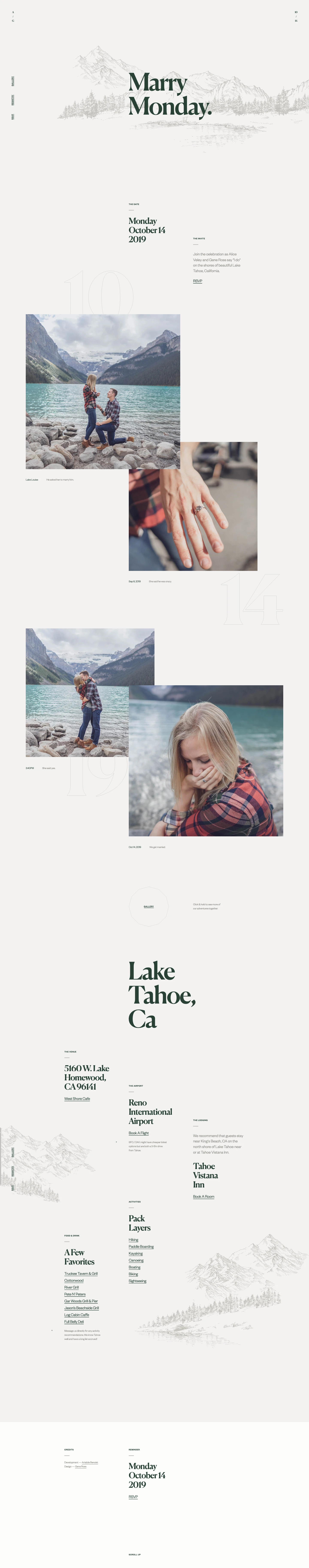 Veley ⁠/ Ross — Wedding Landing Page Example: Join the celebration as Alice Veley and Gene Ross say "I do" on the shores of beautiful Lake Tahoe, California.
