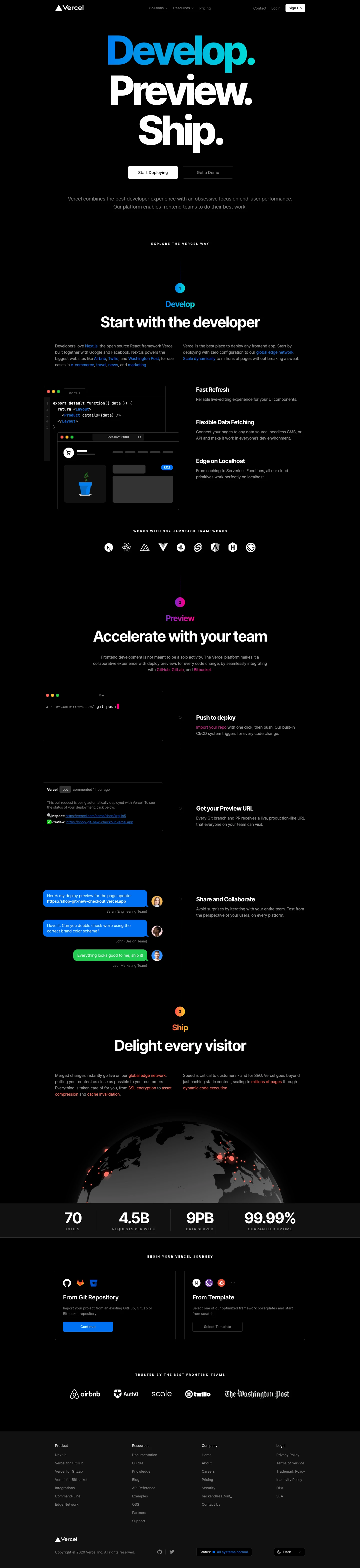 Vercel Landing Page Example: Deploy web projects with the best frontend developer experience and highest end-user performance.