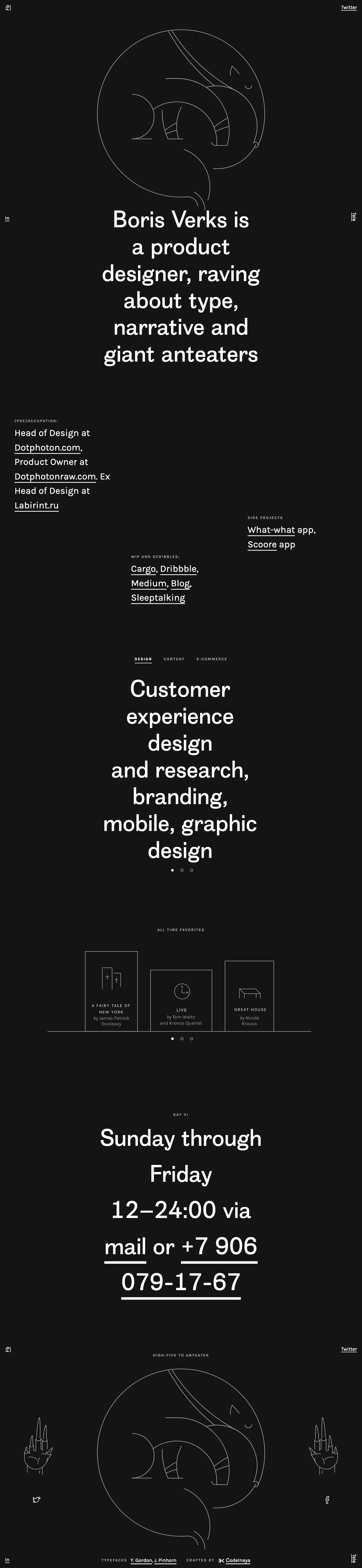 Boris Verks Landing Page Example: Boris Verks is a product designer, raving about type, narrative and giant anteaters
