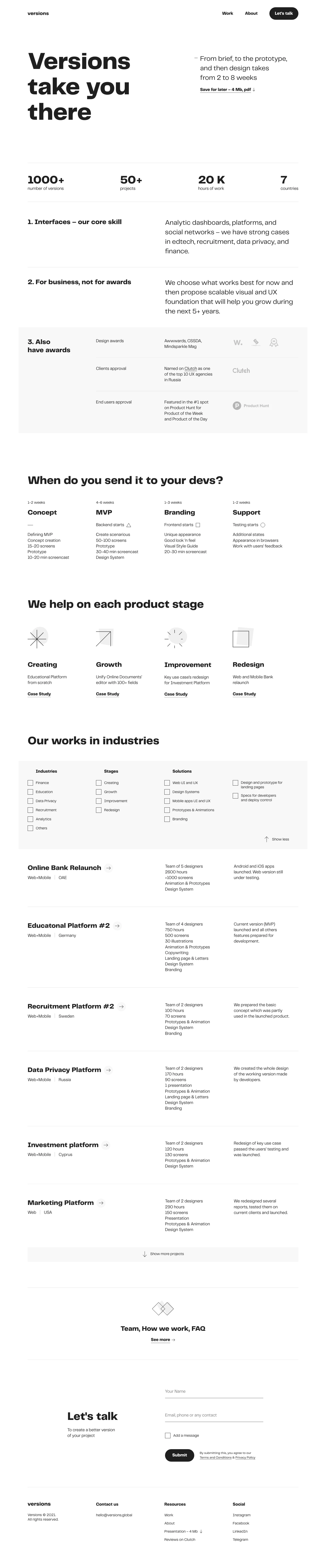 Versions Landing Page Example: From the brief to the prototype and then to the design - from 2 to 8 weeks. Edtech, recruitment, data privacy, analytics and finance.