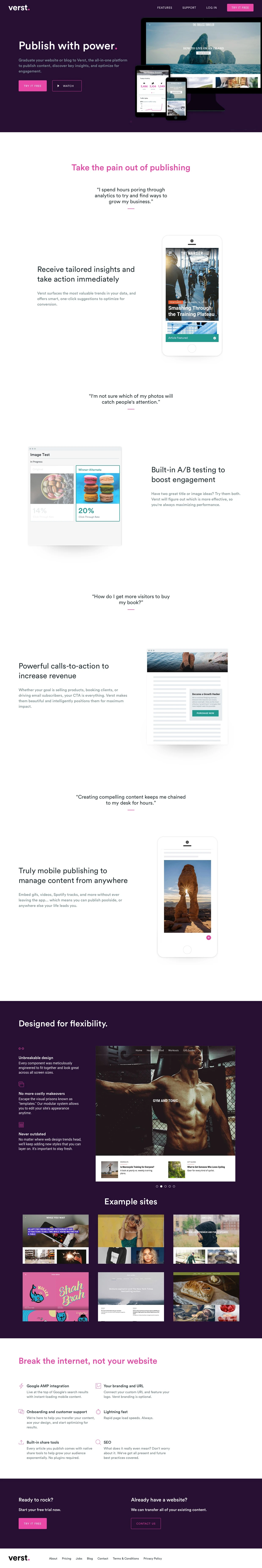Verst Landing Page Example: Graduate your website or blog to Verst, the all-in-one platform to publish content, discover key insights, and optimize for engagement.