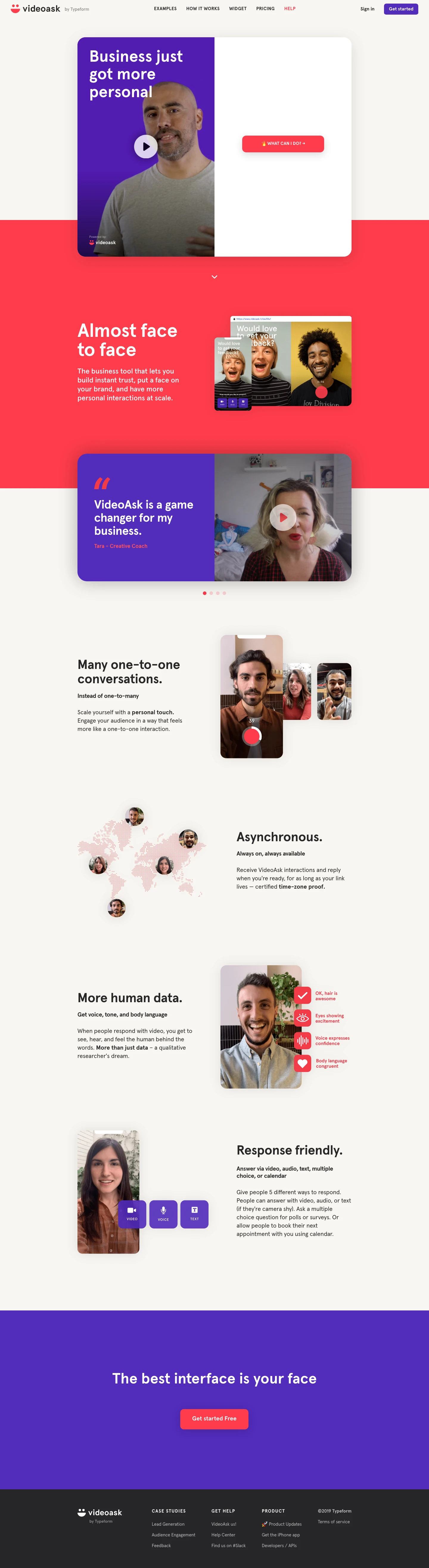 VideoAsk by Typeform Landing Page Example: The business tool that lets you build instant trust, put a face on your brand, and have more personal interactions at scale.