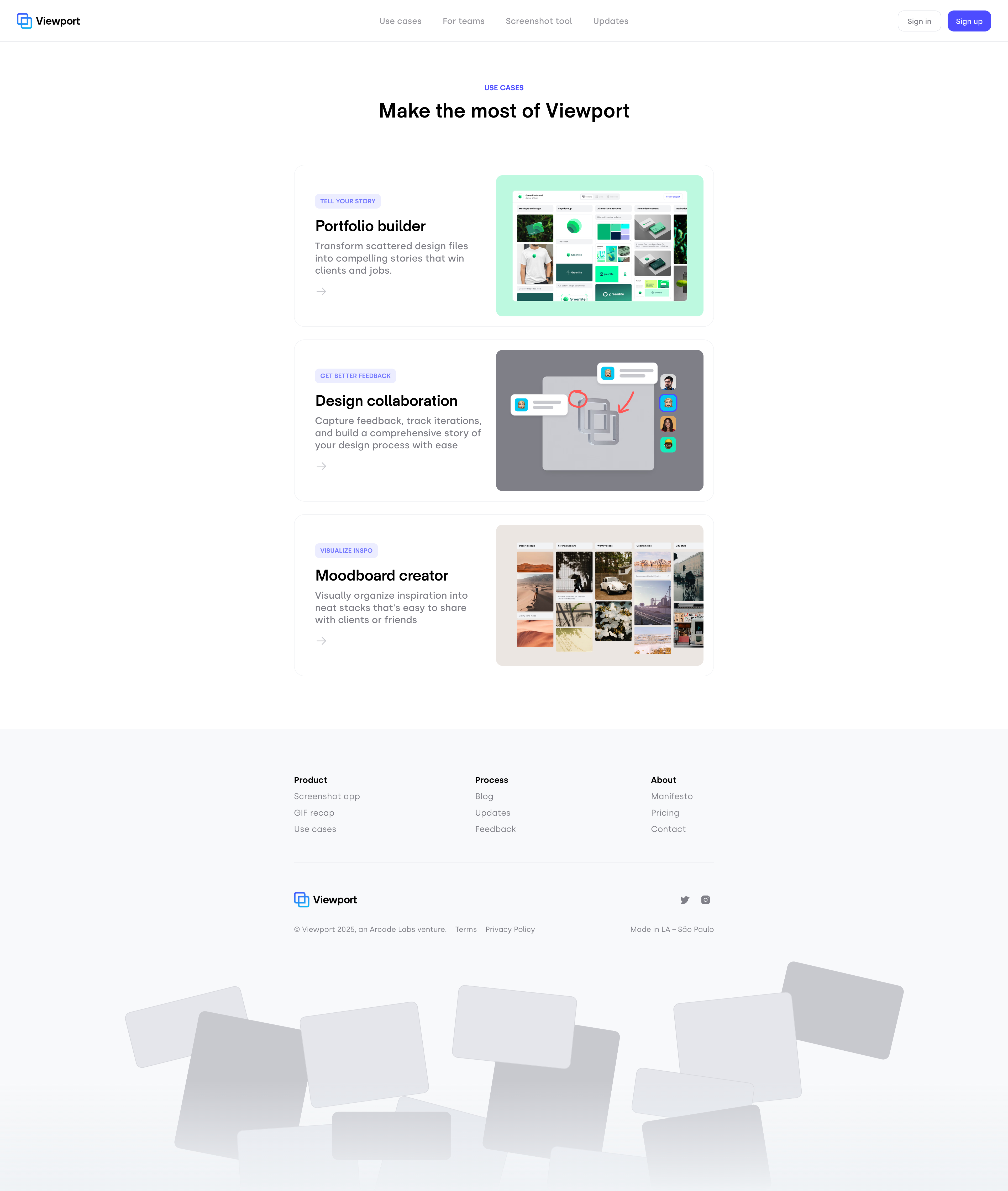 Viewport Landing Page Example: Viewport helps designers showcase their entire creative process, from concept to completion. Start building a portfolio that tells the full story of your work.